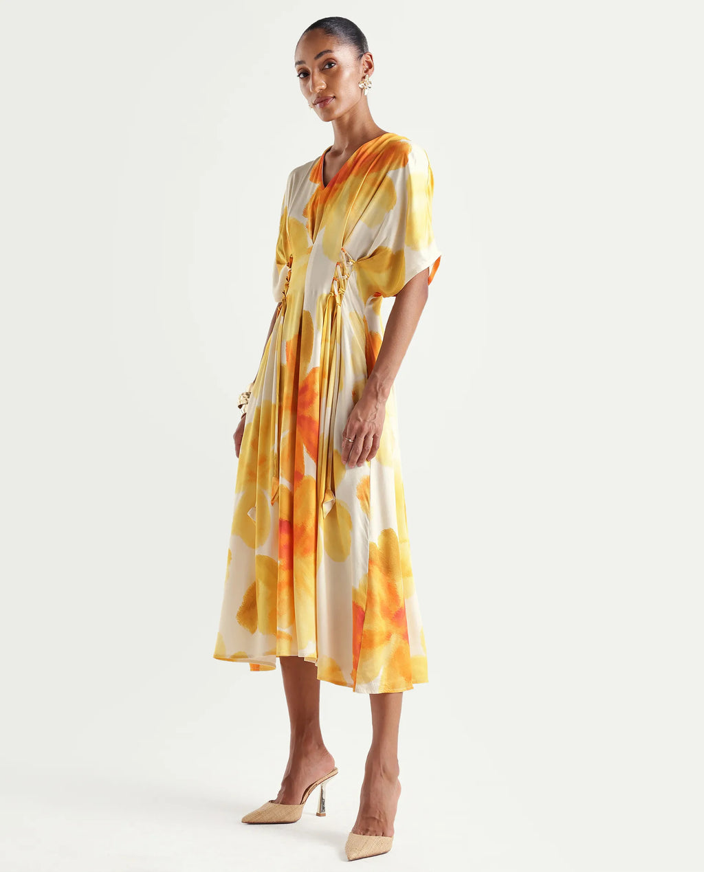 Rareism Women's Ruves Yellow Viscose V-Neck Fit And Flare Floral Print Dress