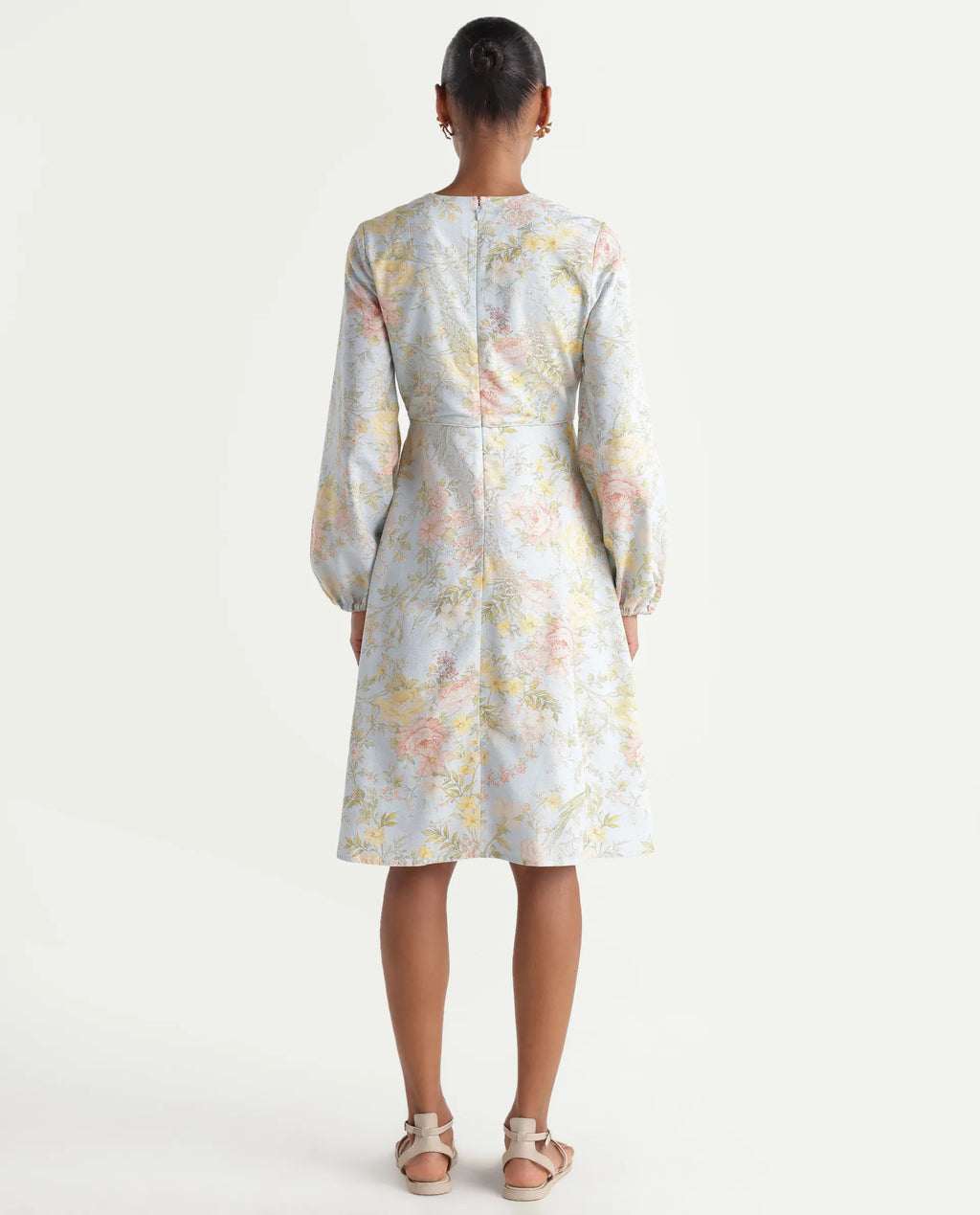 Rareism Women's Ruzim Pastel Blue Viscose Blend Fabric V-Neck Fit And Flare Floral Print Dress