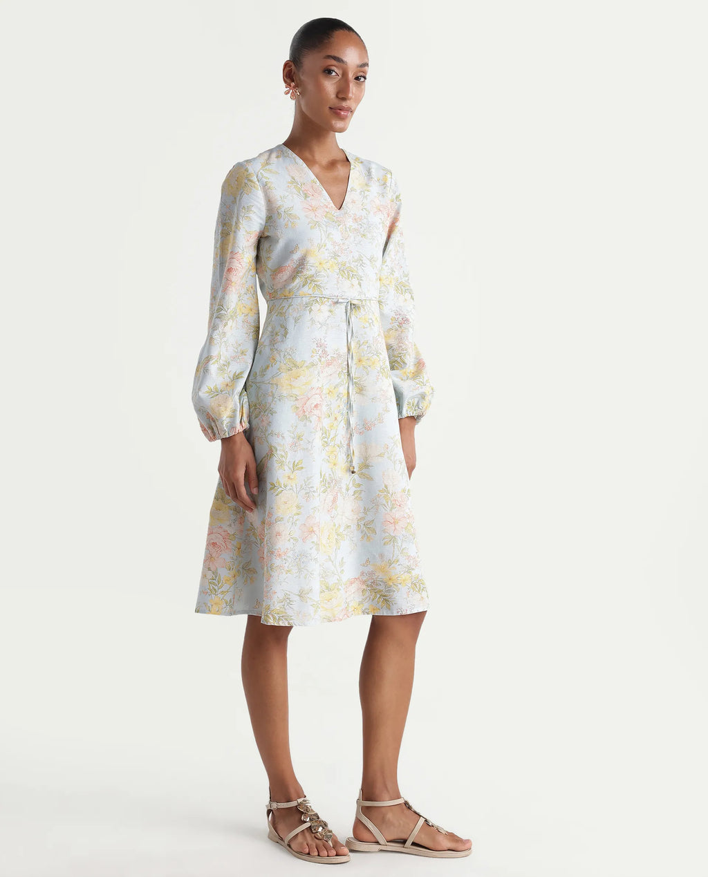 Rareism Women's Ruzim Pastel Blue Viscose Blend Fabric V-Neck Fit And Flare Floral Print Dress
