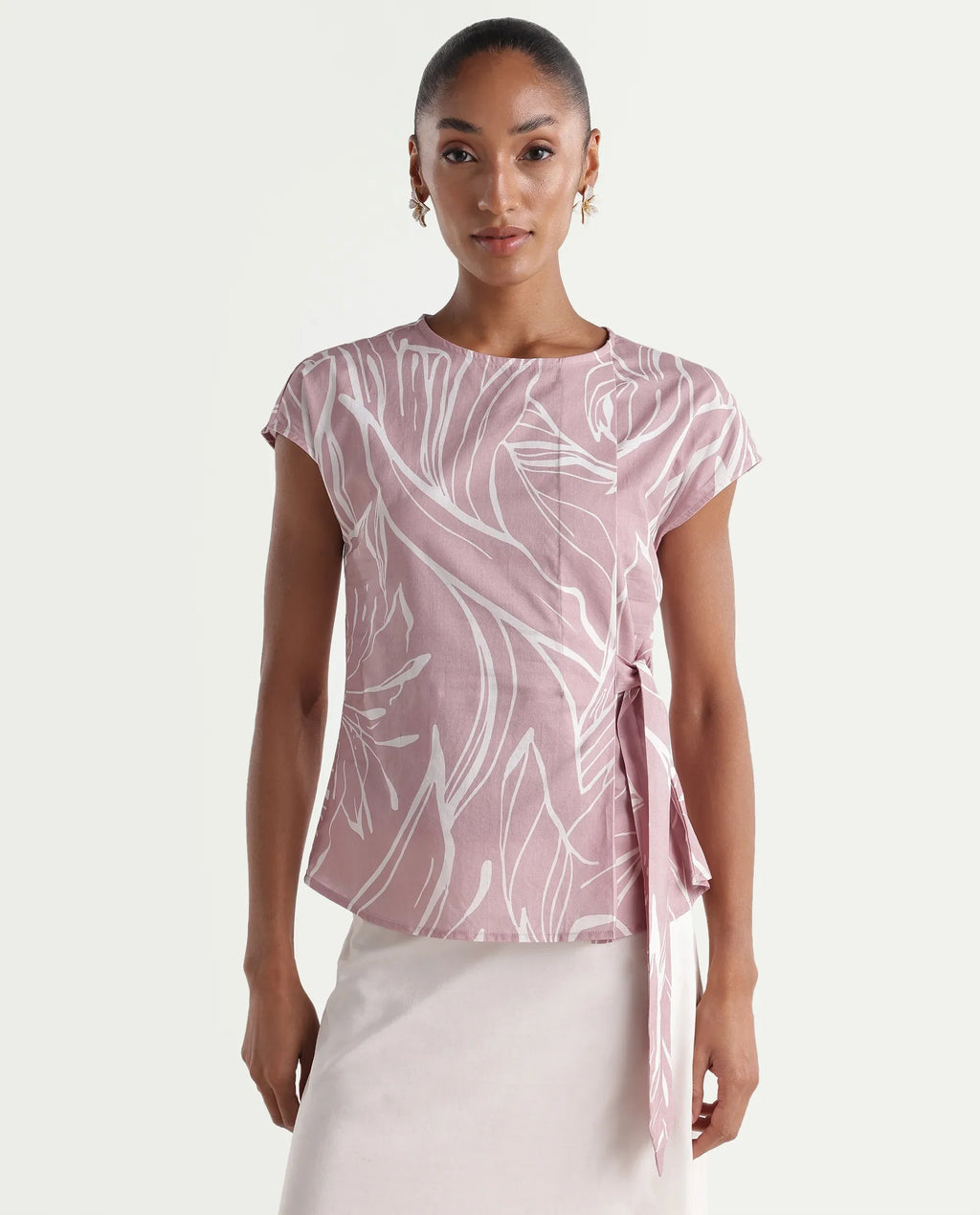 Rareism Women's Vabno Pink Cotton Crew Neck Regular Floral Print Top