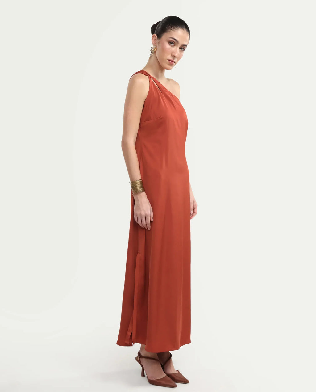 Rareism Women's Mrap Rust Polyester Sleeveless One Shoulder Straight Dress