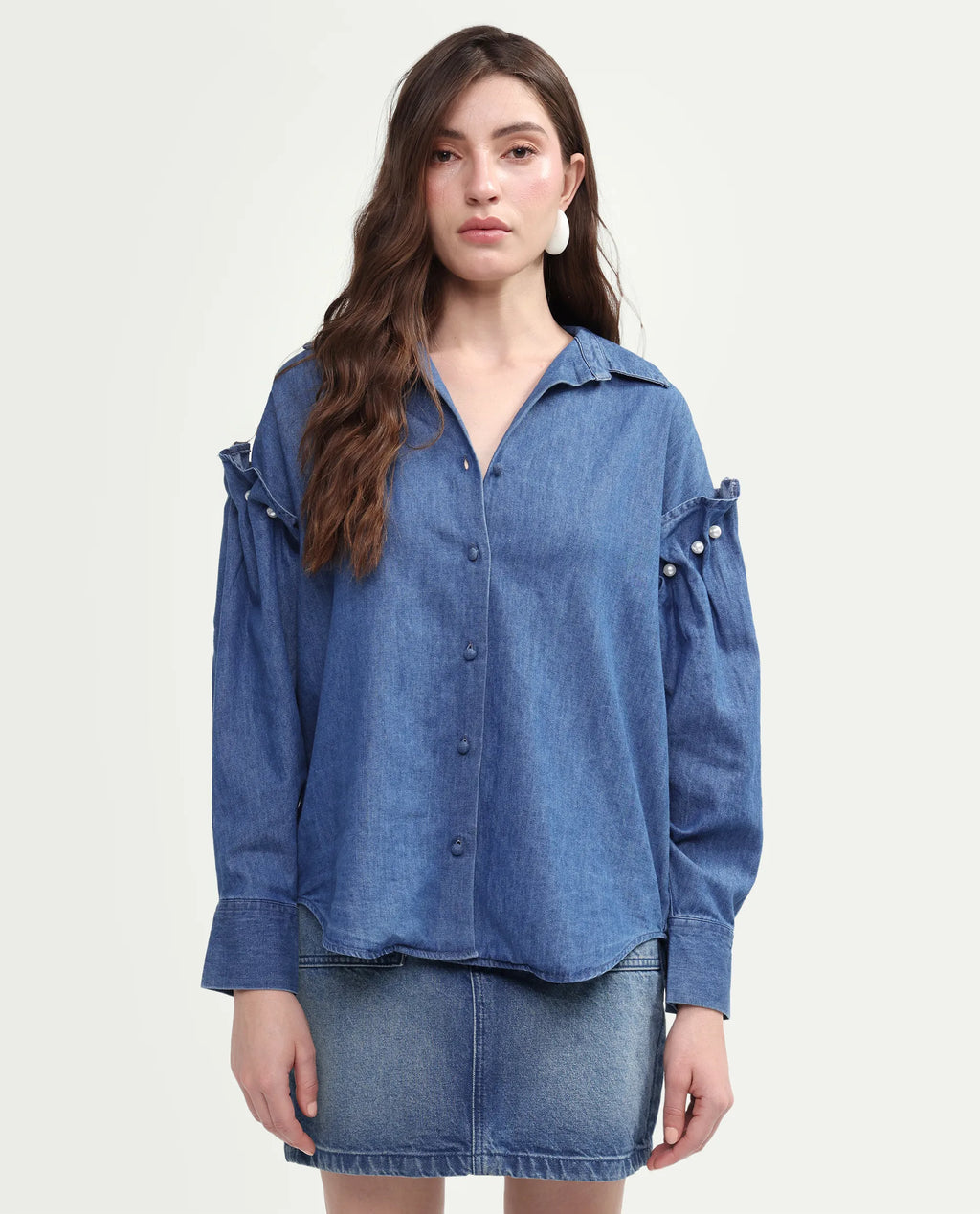 Rareism Women's Denfila Light Blue Cotton Full Sleeve Spread Collar Regular Fit Shirt