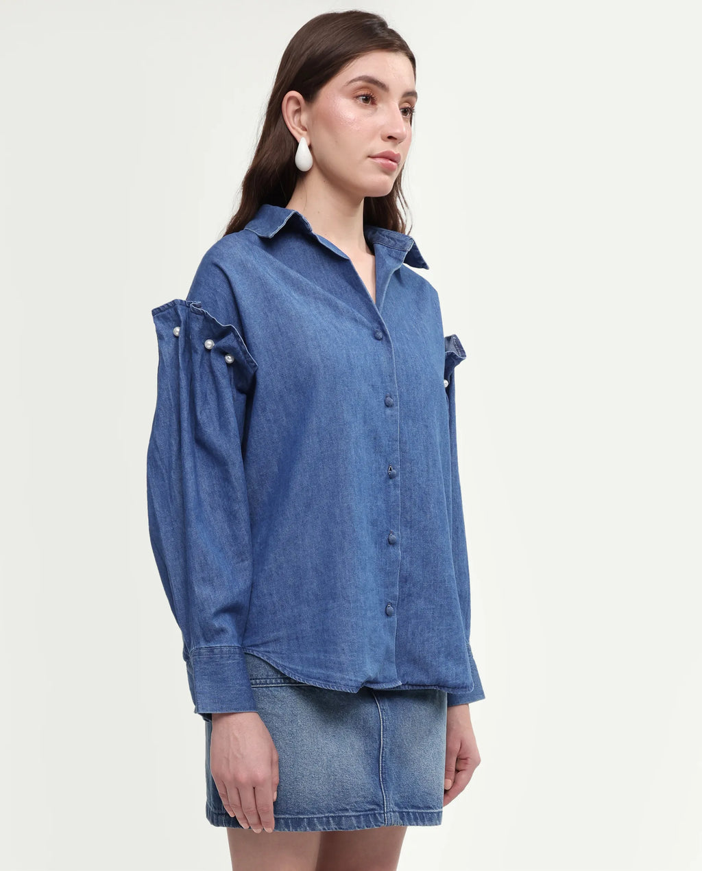 Rareism Women's Denfila Light Blue Cotton Full Sleeve Spread Collar Regular Fit Shirt
