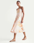 Rareism Women's Heth Pastel Peach Linen Blend Square Neck Fit And Flare All Over Print Dress