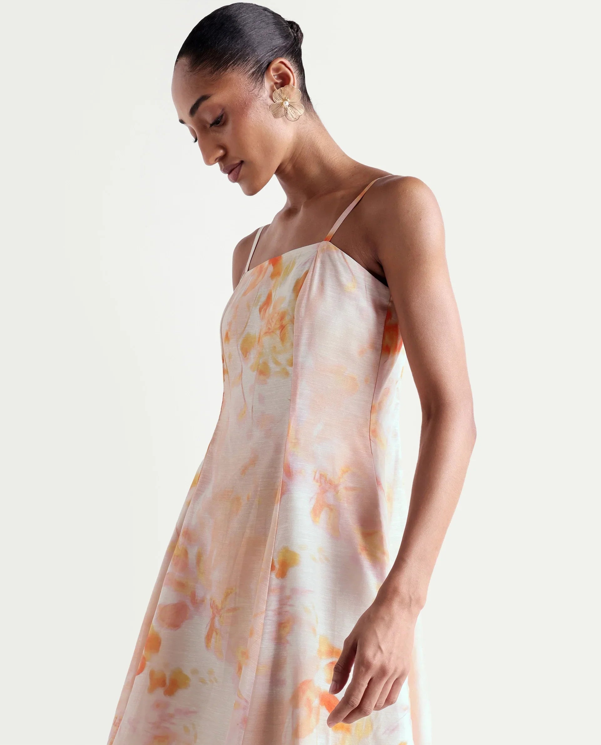 Rareism Women's Heth Pastel Peach Linen Blend Square Neck Fit And Flare All Over Print Dress