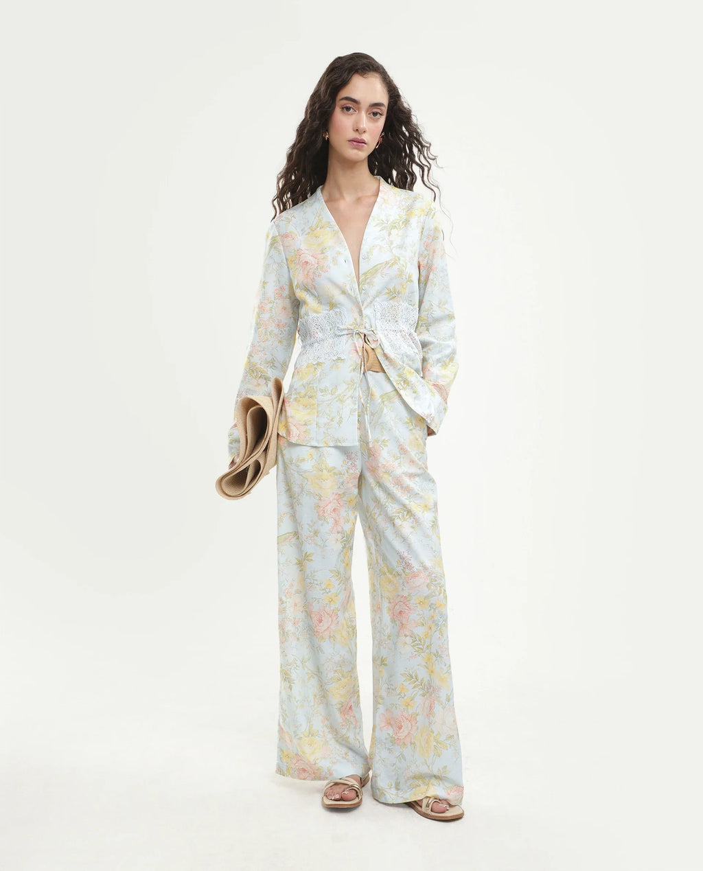 Rareism Women's Rufle-B Pastel Blue Viscose Blend Fabric Straight Floral Print Trouser