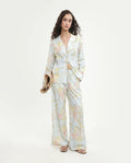 Rareism Women's Rufle-B Pastel Blue Viscose Blend Fabric Straight Floral Print Trouser