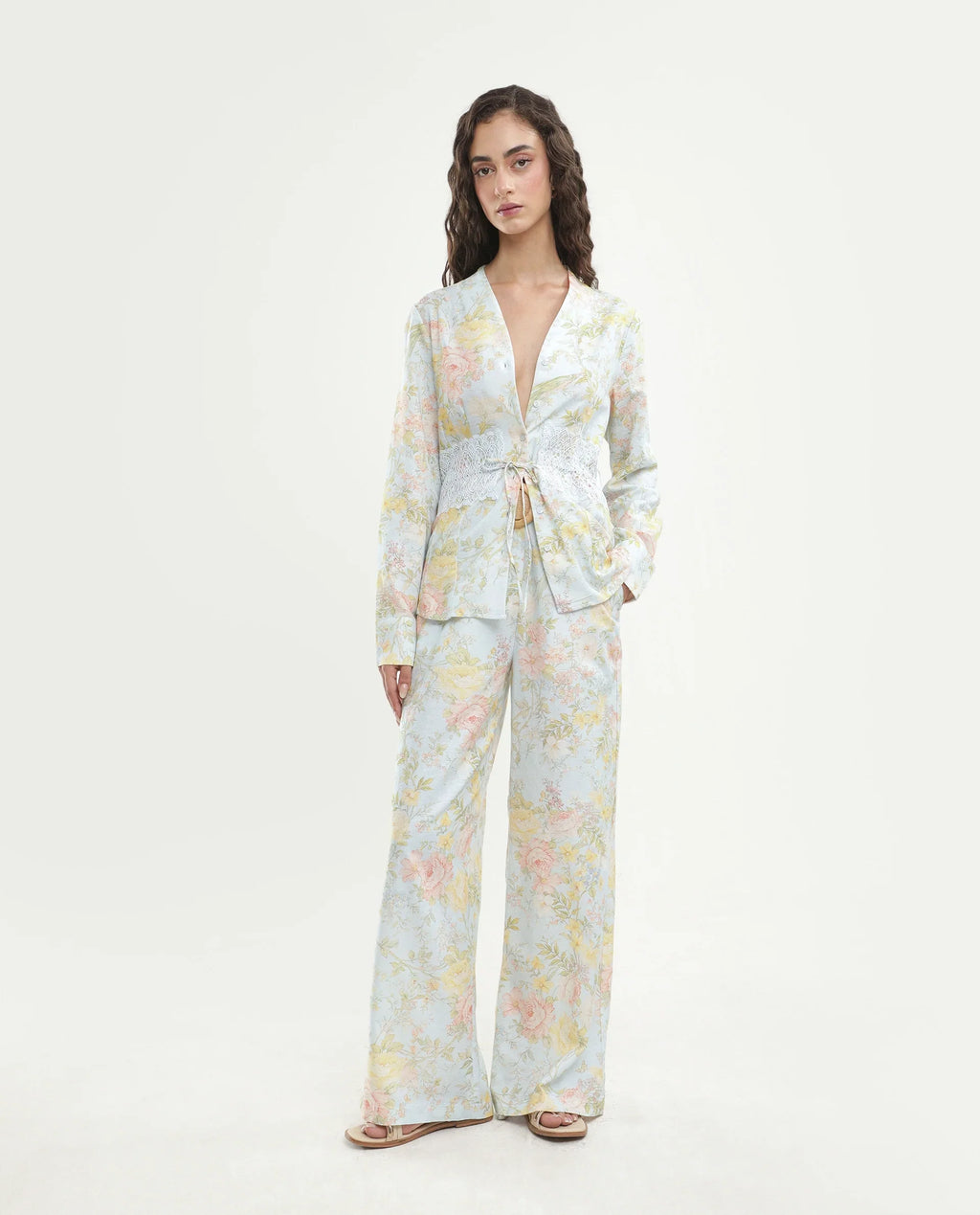 Rareism Women's Rufle-B Pastel Blue Viscose Blend Fabric Straight Floral Print Trouser