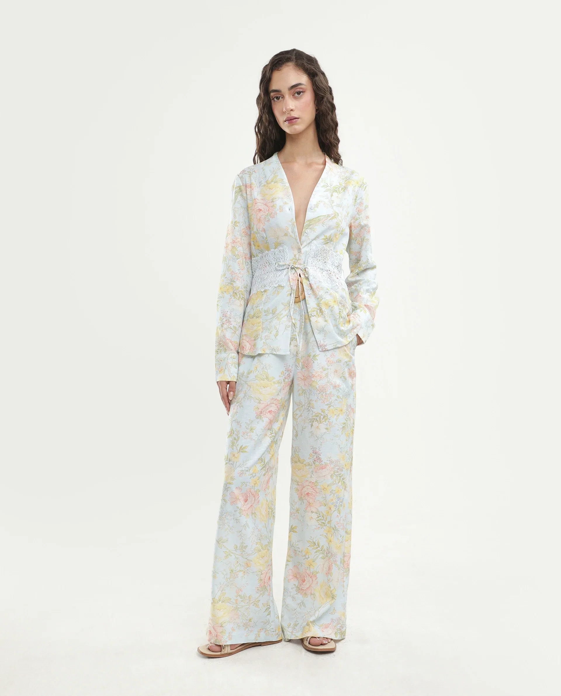 Rareism Women's Rufle-B Pastel Blue Viscose Blend Fabric Straight Floral Print Trouser