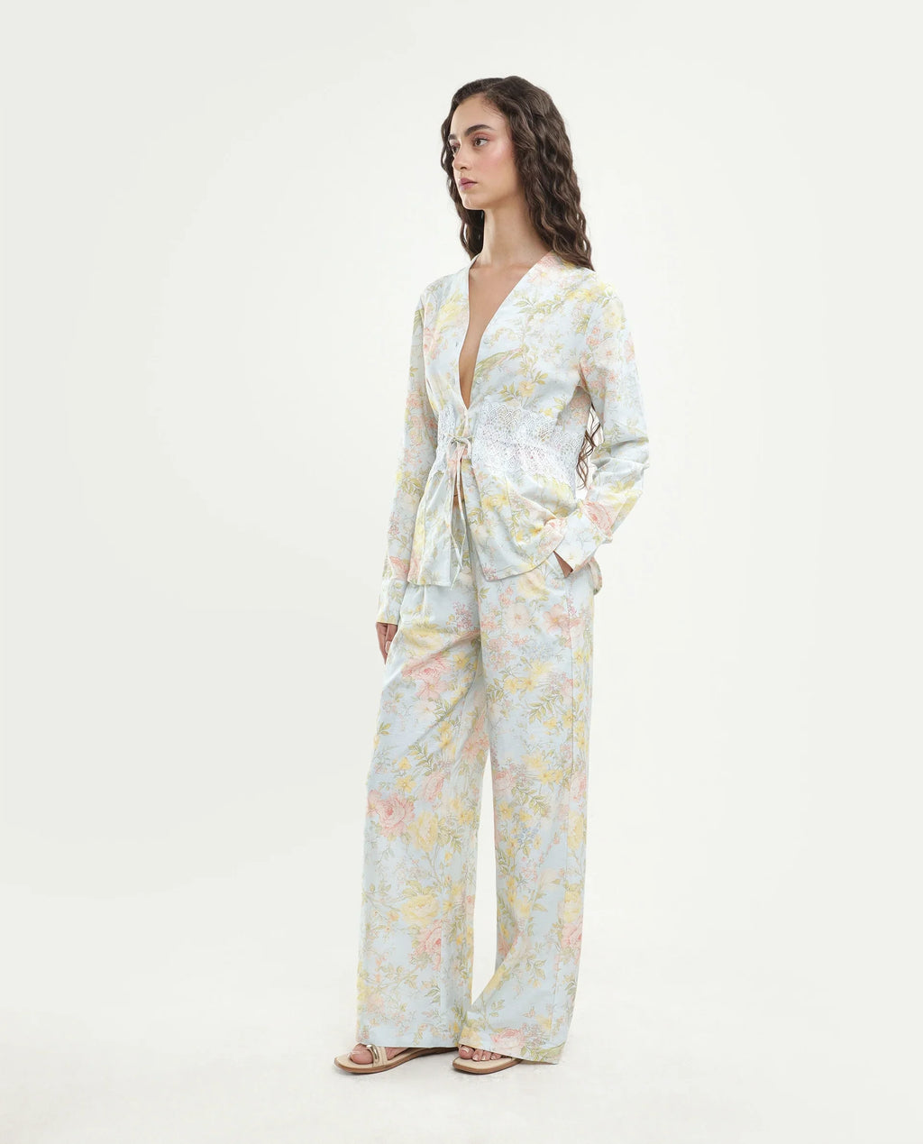 Rareism Women's Rufle-B Pastel Blue Viscose Blend Fabric Straight Floral Print Trouser