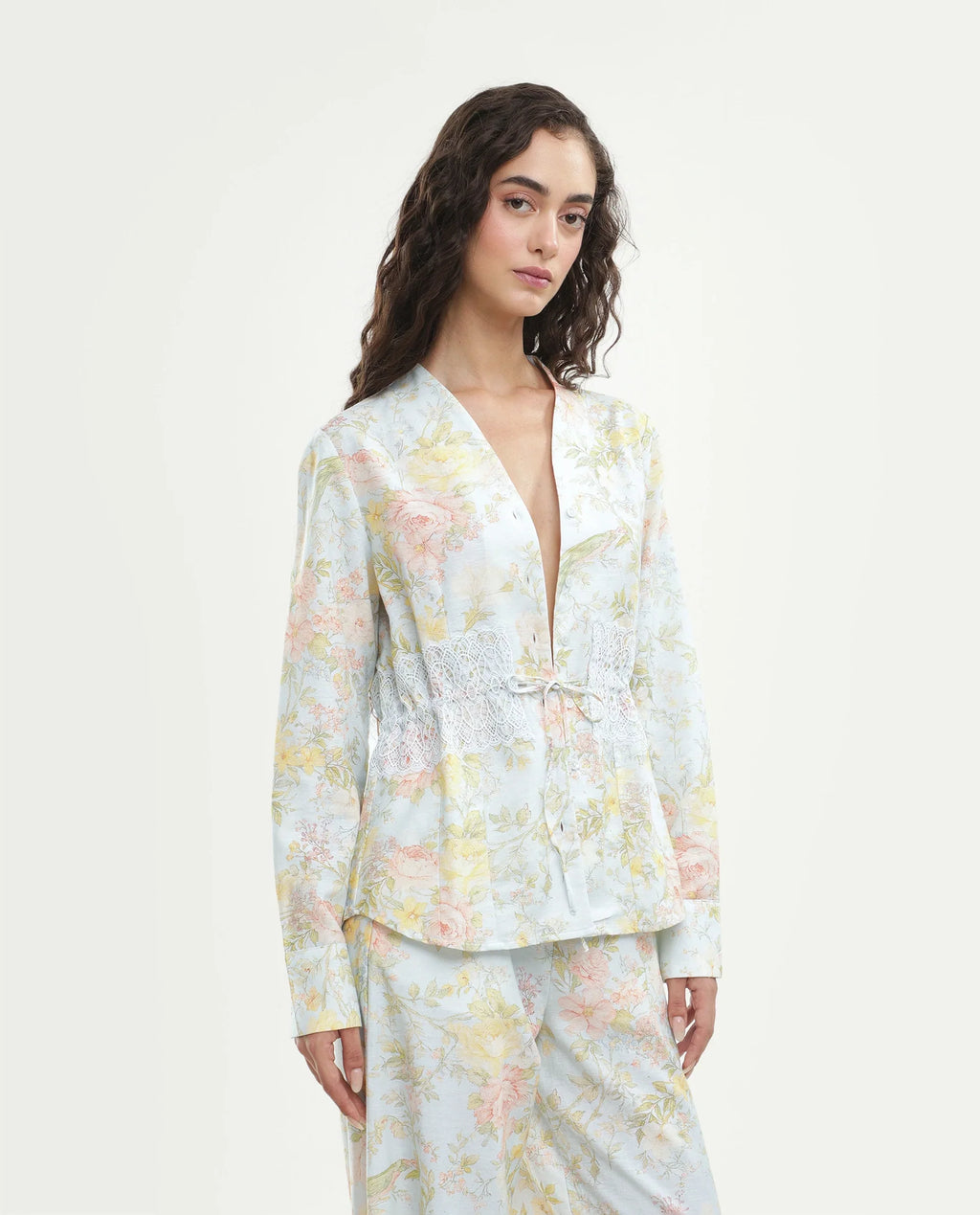 Rareism Women's Rufle-T Pastel Blue Viscose Blend Fabric Spread Collar Regular Floral Print Top