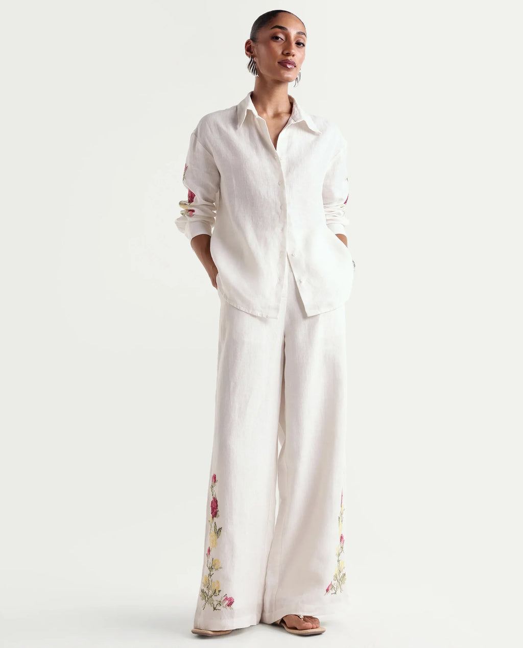 Rareism Women's Taish-B Light Off-White 100% Linen Wide Plain Trouser
