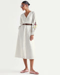 Rareism Women's Tiana Off White 100% Linen Mandarin Collar Button Relaxed Plain Dress