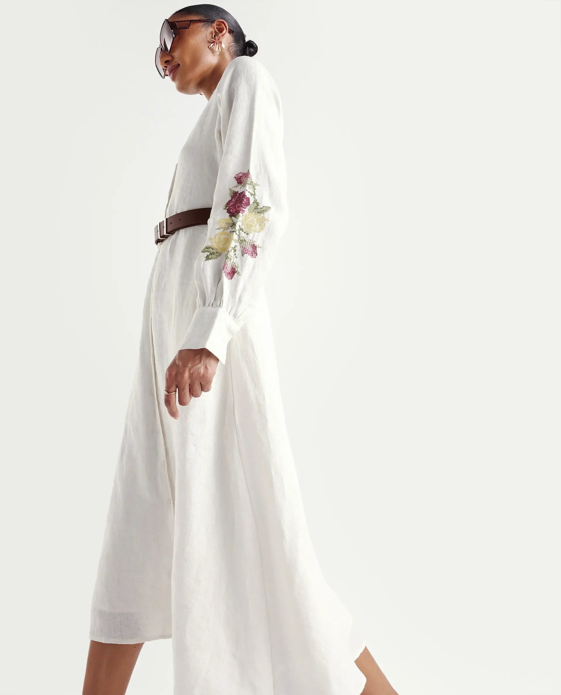 Rareism Women's Tiana Off White 100% Linen Mandarin Collar Button Relaxed Plain Dress