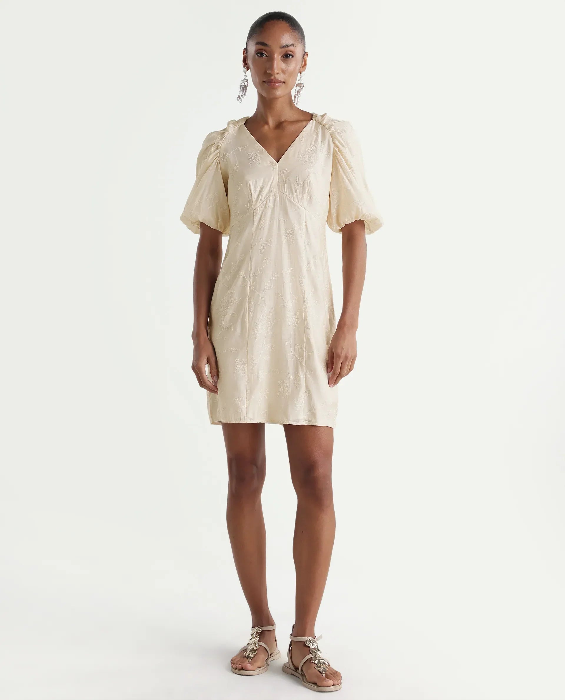 Rareism Women's Tash Pastel Beige Viscose Bodycon Plain Dress