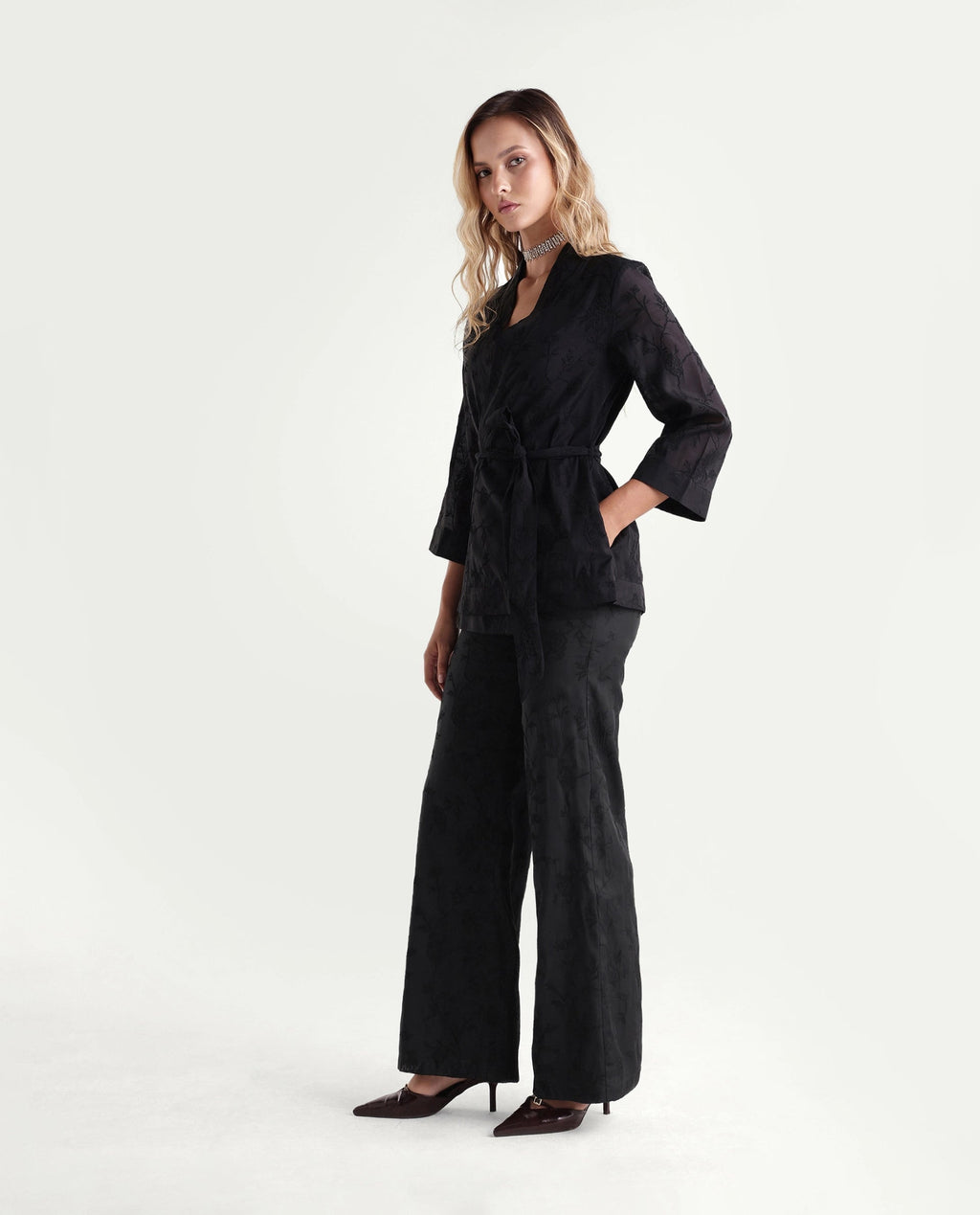 Rareism Women's Tezo-B Black Self Design Viscose Wide Leg Regular Trouser