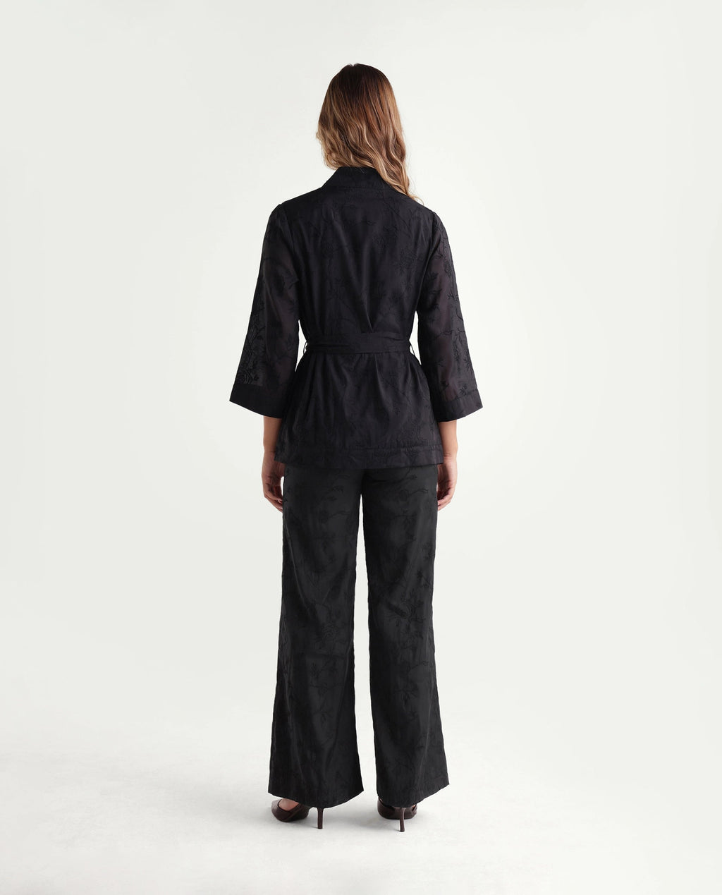 Rareism Women's Tezo-B Black Self Design Viscose Wide Leg Regular Trouser