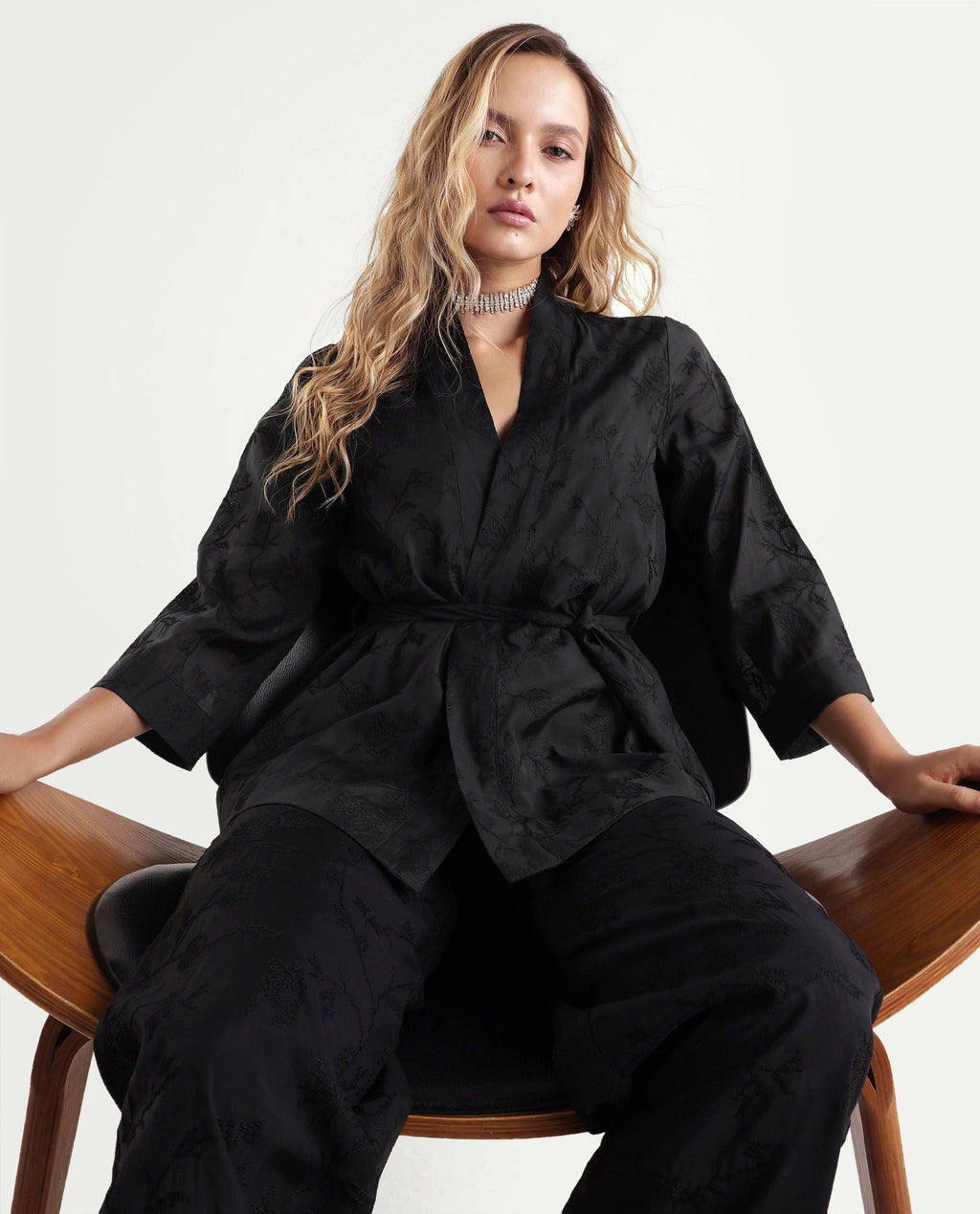 Rareism Women's Tezo-T Black Jacquard Viscose Wrap Three Quarter Sleeve Shrug