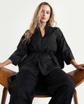 Rareism Women's Tezo-T Black Jacquard Viscose Wrap Three Quarter Sleeve Shrug