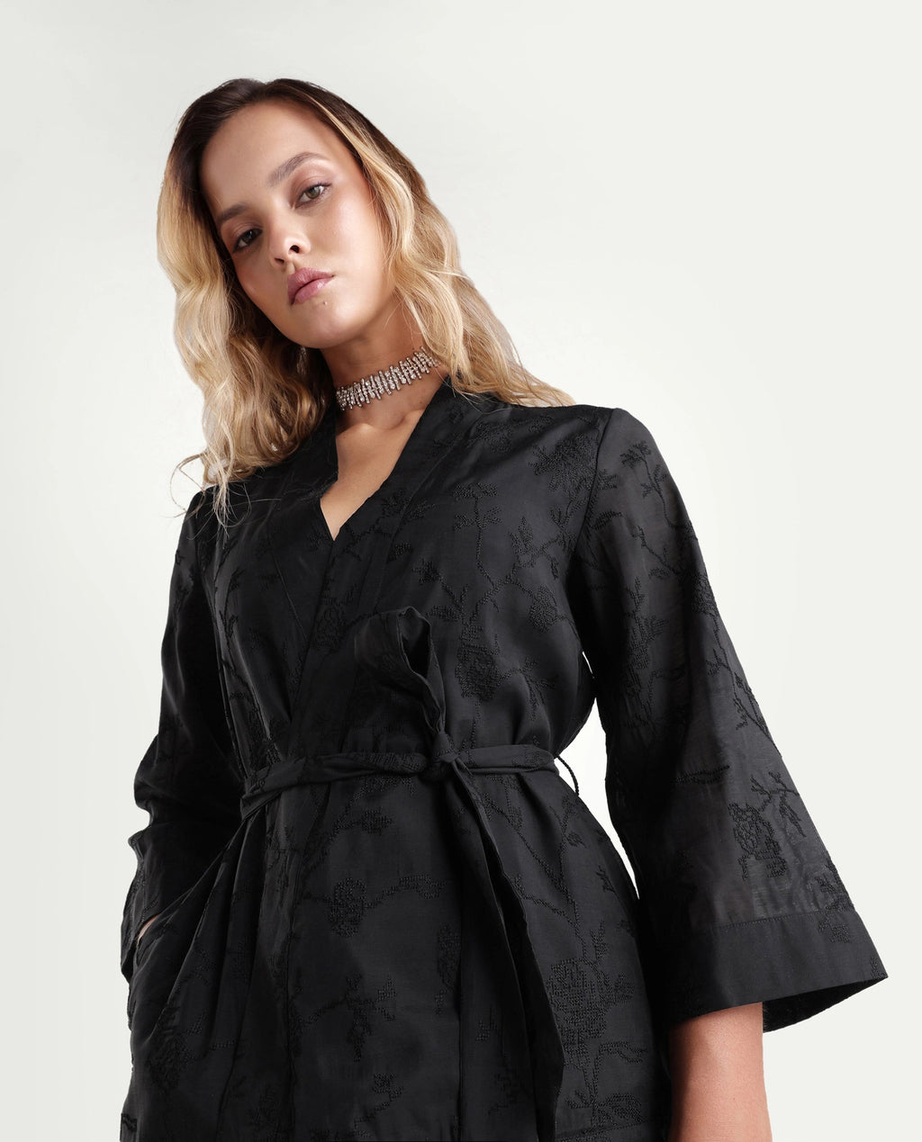 Rareism Women's Tezo-T Black Jacquard Viscose Wrap Three Quarter Sleeve Shrug