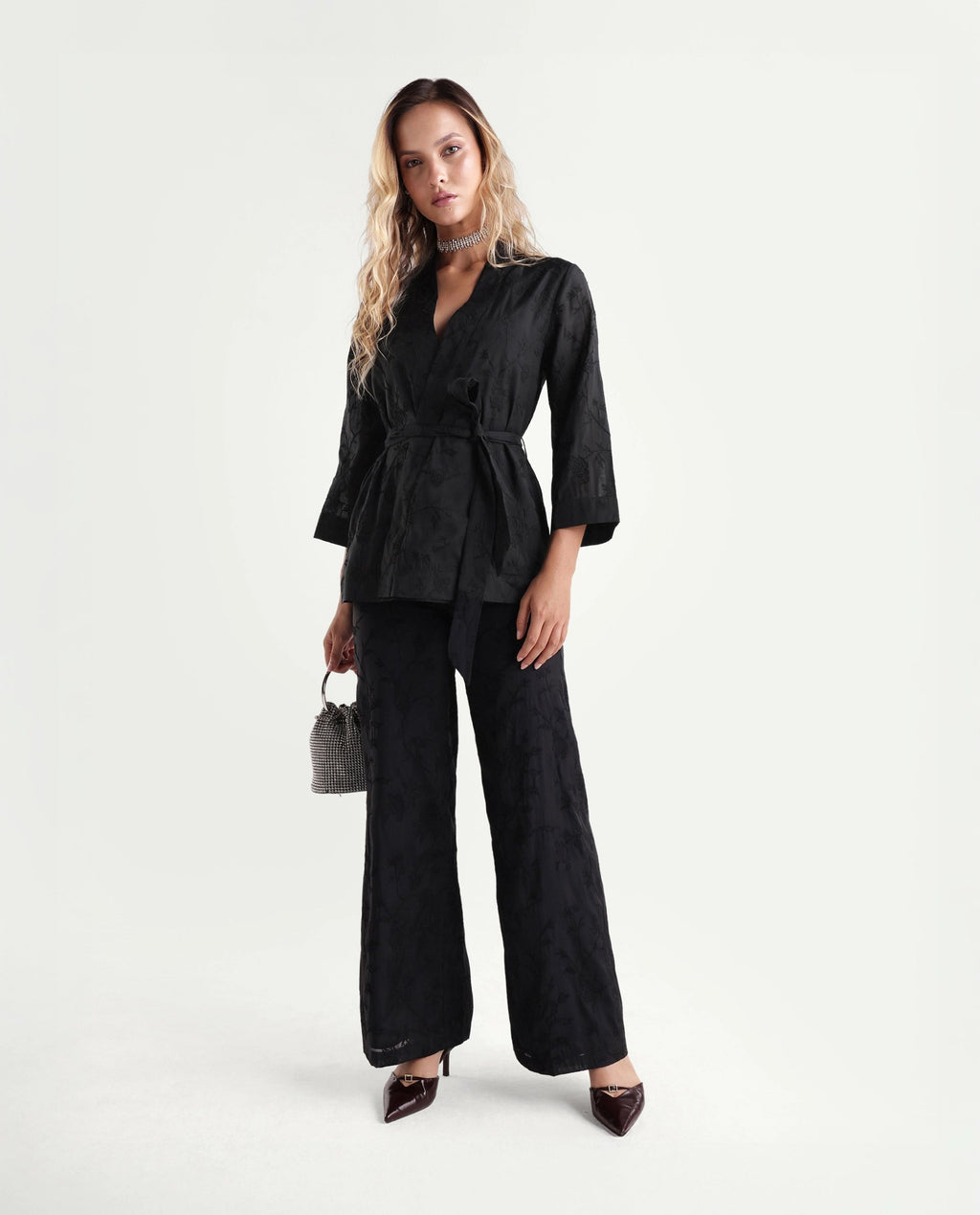 Rareism Women's Tezo-T Black Jacquard Viscose Wrap Three Quarter Sleeve Shrug