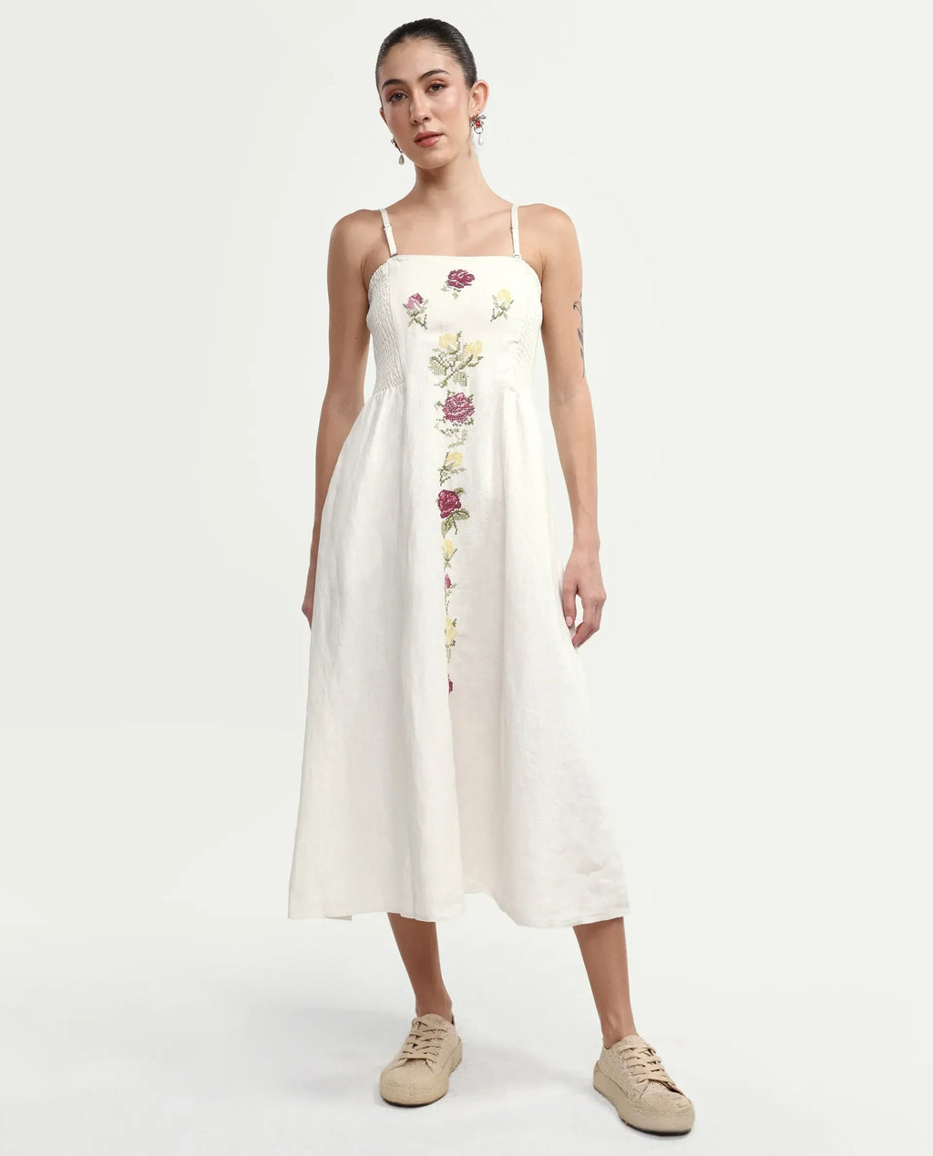 Rareism Women's Treler Light Off-White Linen Tube Neck Fit And Flare Plain Dress