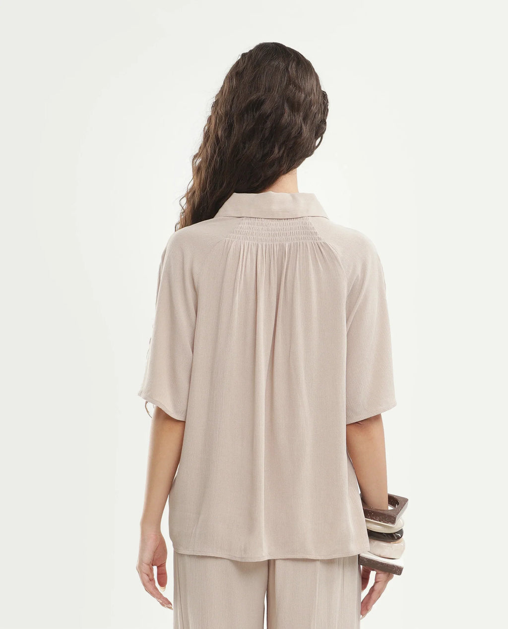 Rareism Women's Vaxon-T Beige Viscose Fabric Johnny Collar Relaxed Plain Top