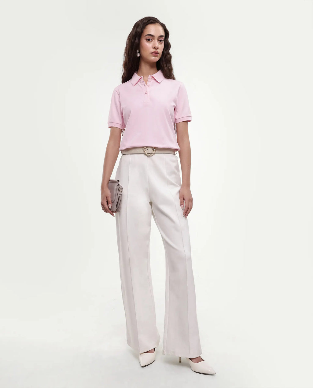 Rareism Women's Basic Rr-Corp-Elane Light Pink Cotton CollaredRegular Plain Polo