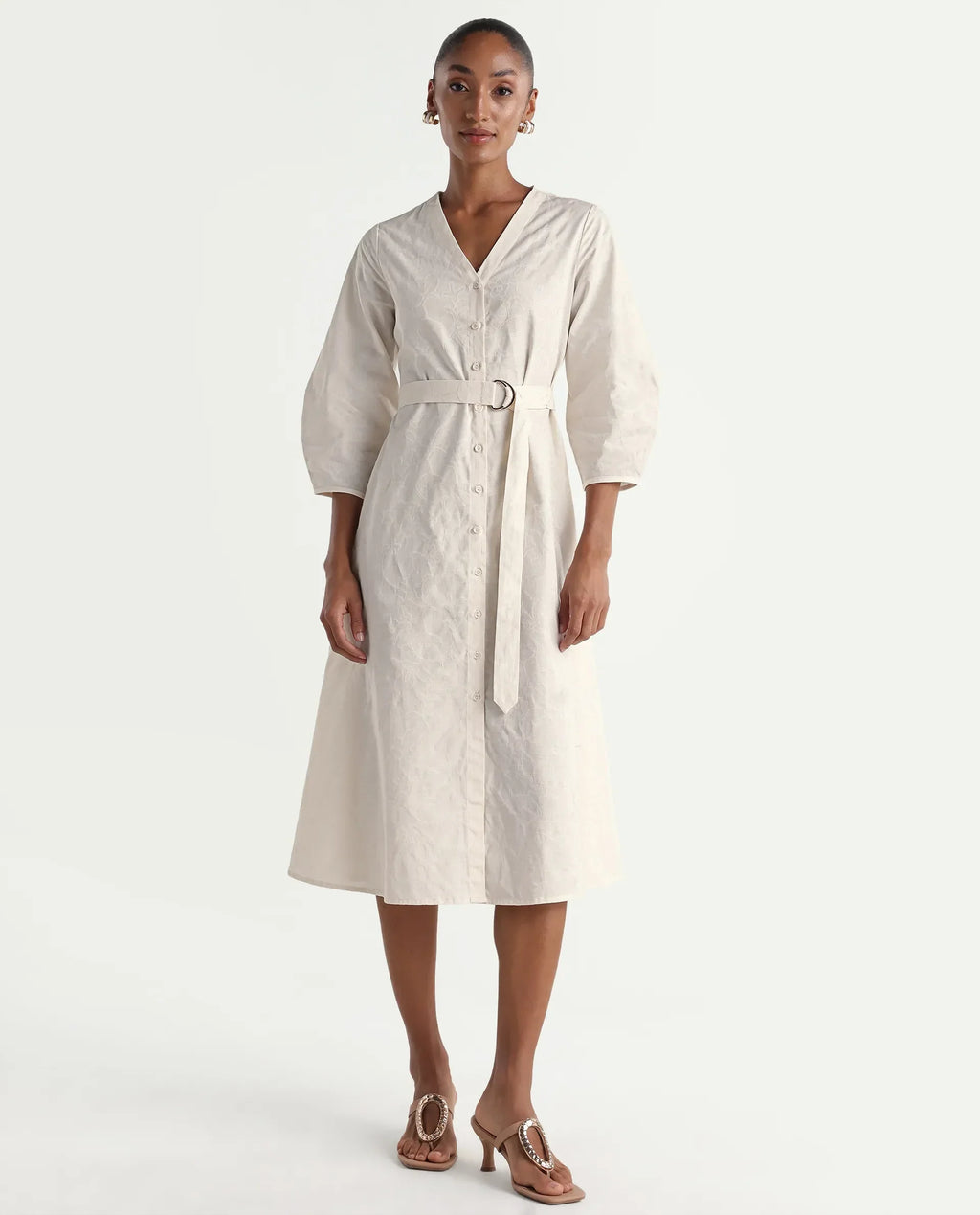 Rareism Women's Rumang Off White Cotton V-Neck Button A-Line Jacquard Print Dress