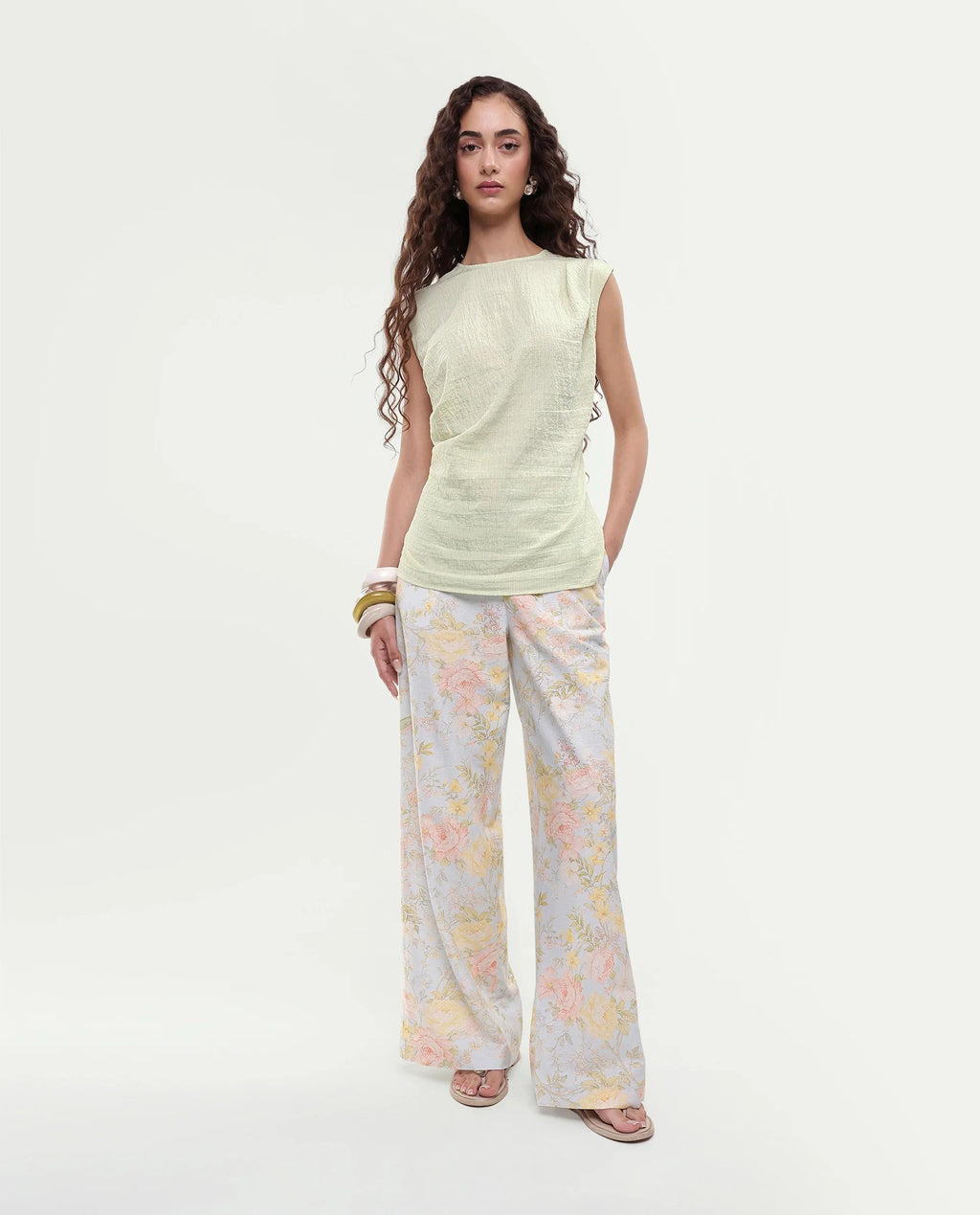 Rareism Women's Daca Light Green Viscose Blend Crew Neck Button Regular Plain Top
