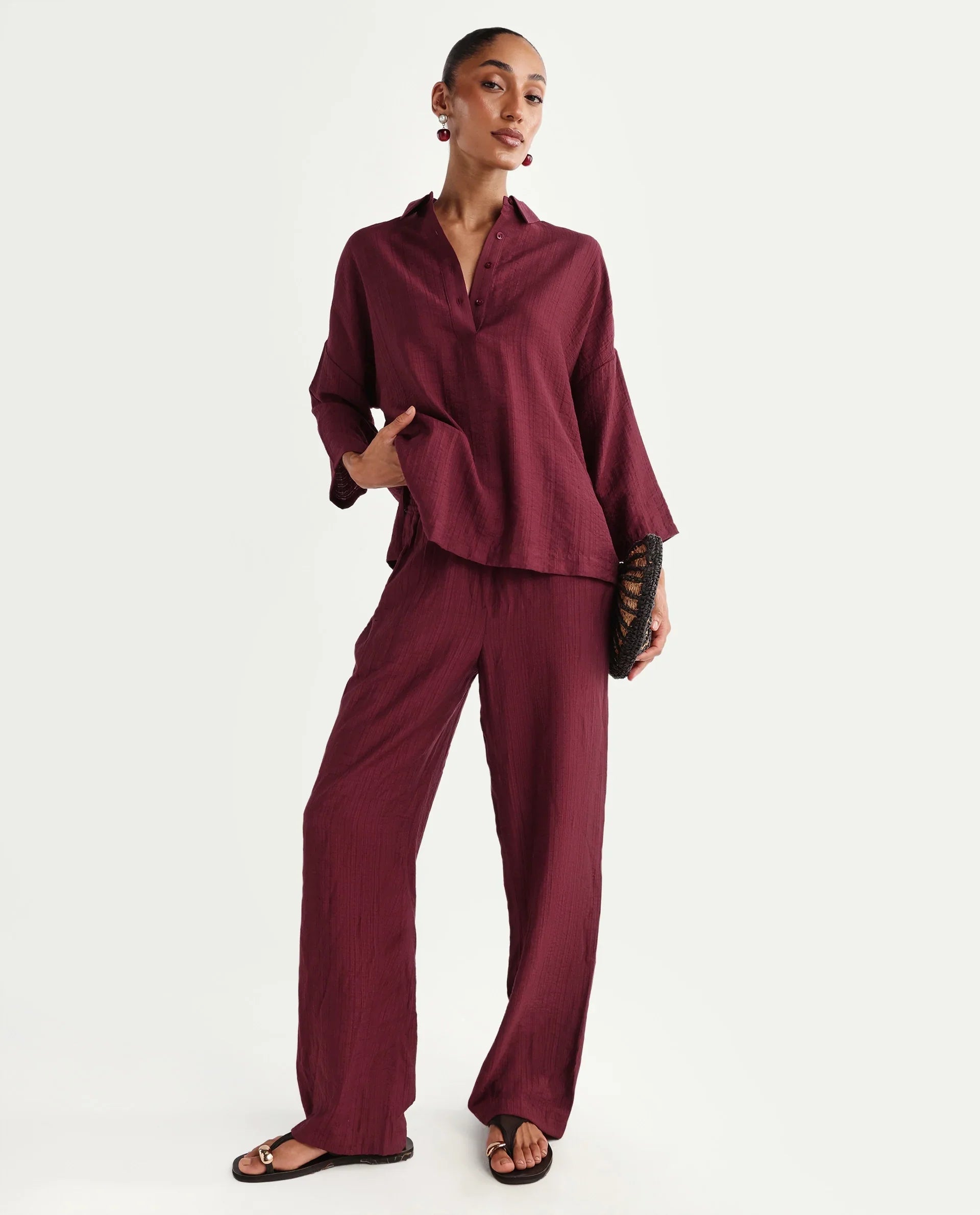 Rareism Women's Dano-B Maroon Viscose Blend Drawstring Wide Plain Trouser