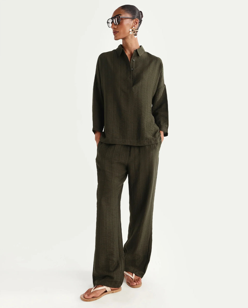 Rareism Women's Dano-B Olive Viscose Blend Drawstring Wide Plain Trouser