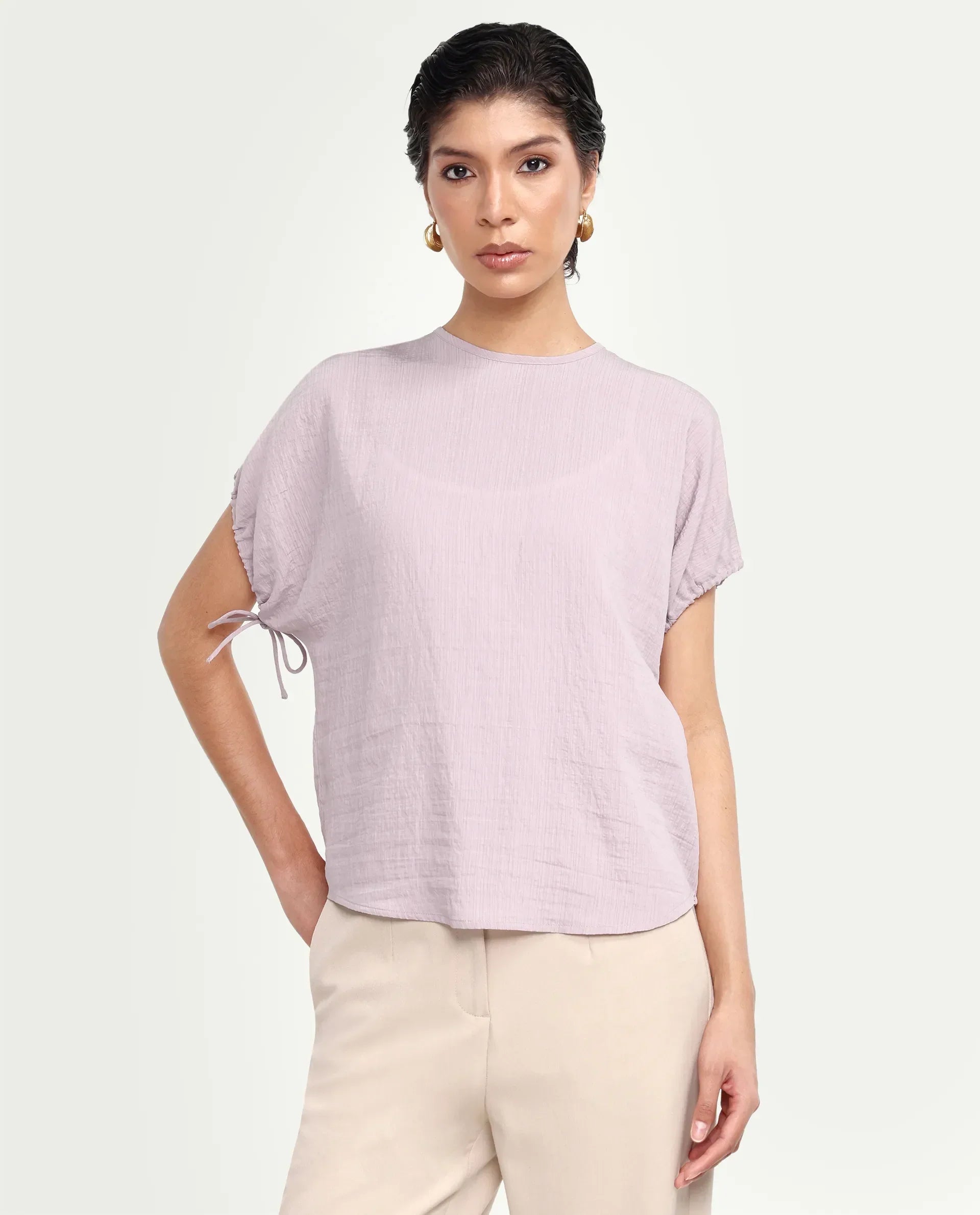 Rareism Women's Deno Dusky Pink Viscose Blend Crew Neck Button Regular Plain Top