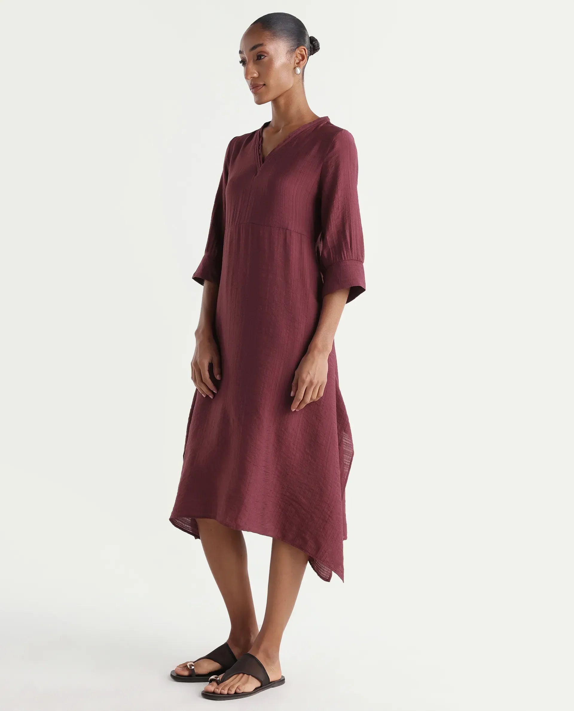 Rareism Women's Dhery Maroon Viscose Blend V-Neck A-Line Plain Dress