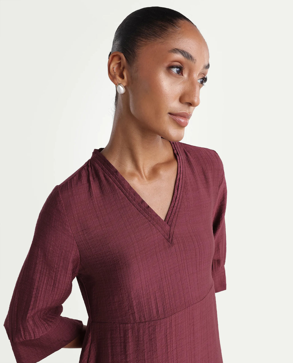 Rareism Women's Dhery Maroon Viscose Blend V-Neck A-Line Plain Dress