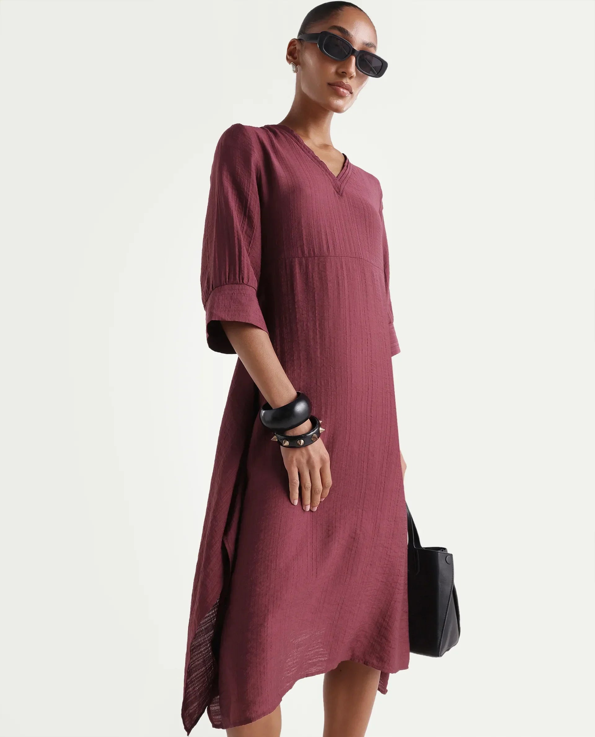 Rareism Women's Dhery Maroon Viscose Blend V-Neck A-Line Plain Dress