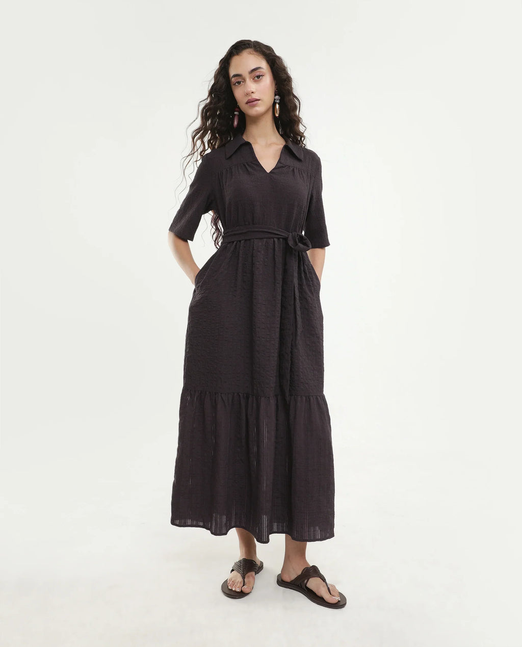 Rareism Women's Dilan Brown Viscose Blend Jonny Collar Pull-On Fit And Flare Plain Dress