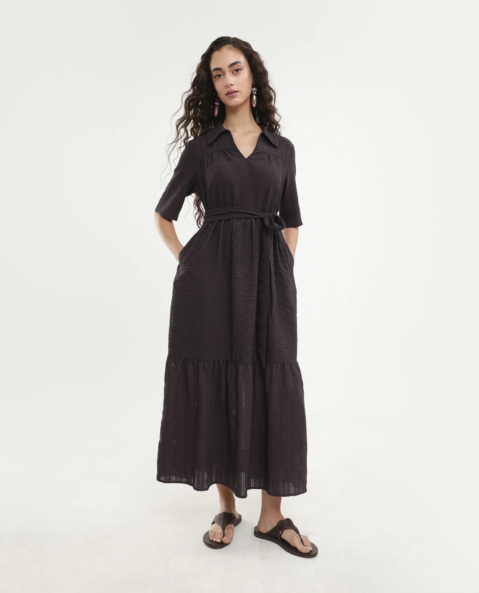 Rareism Women's Dilan Brown Viscose Blend Jonny Collar Pull-On Fit And Flare Plain Dress