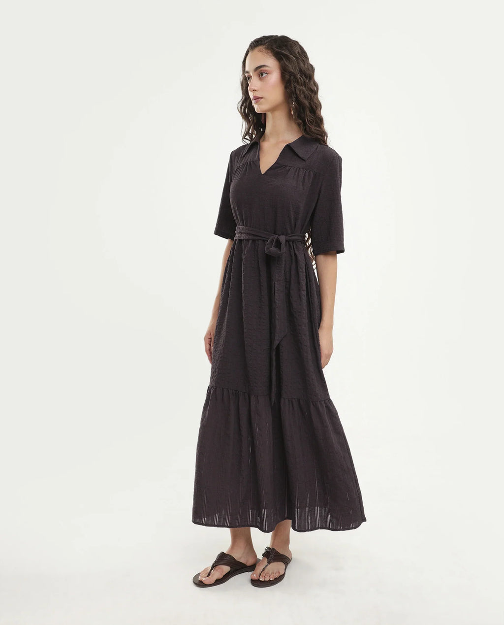 Rareism Women's Dilan Brown Viscose Blend Jonny Collar Pull-On Fit And Flare Plain Dress