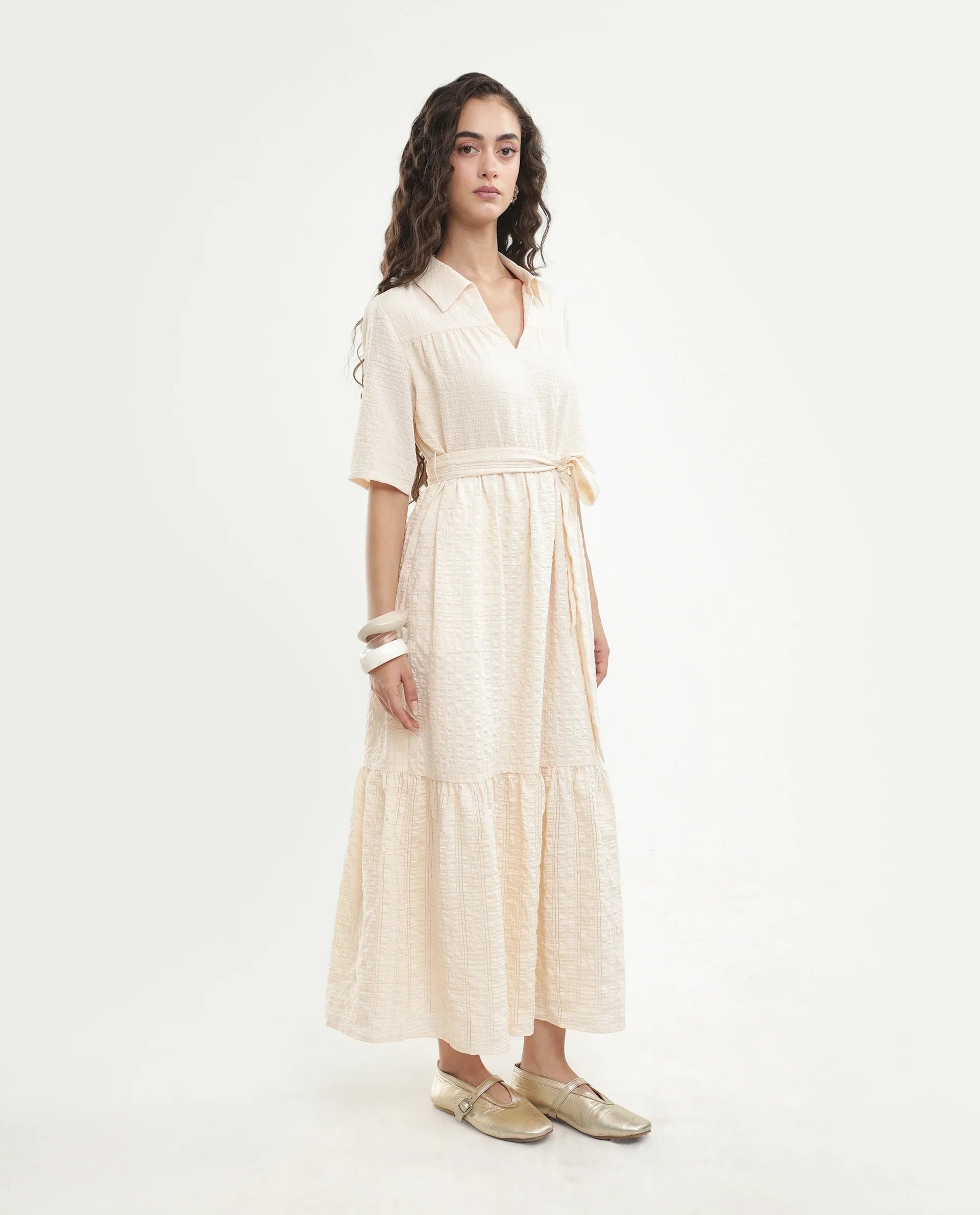 Rareism Women's Dilan Off White Viscose Blend Jonny Collar Pull-On Fit And Flare Plain Dress