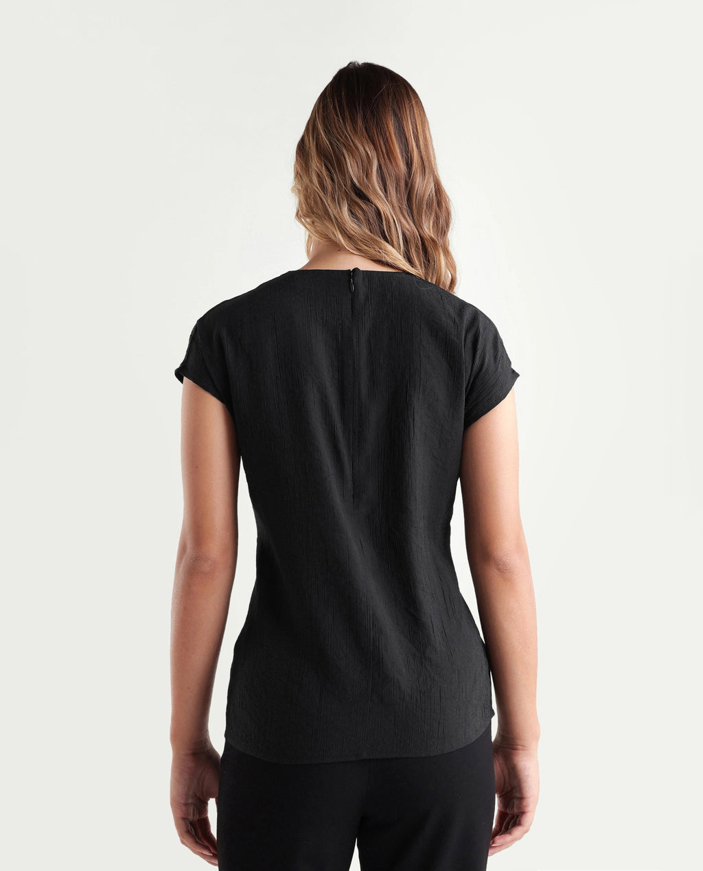 Rareism Women's Dusero Black Plain Viscose Blend Regular Short Sleeves Top