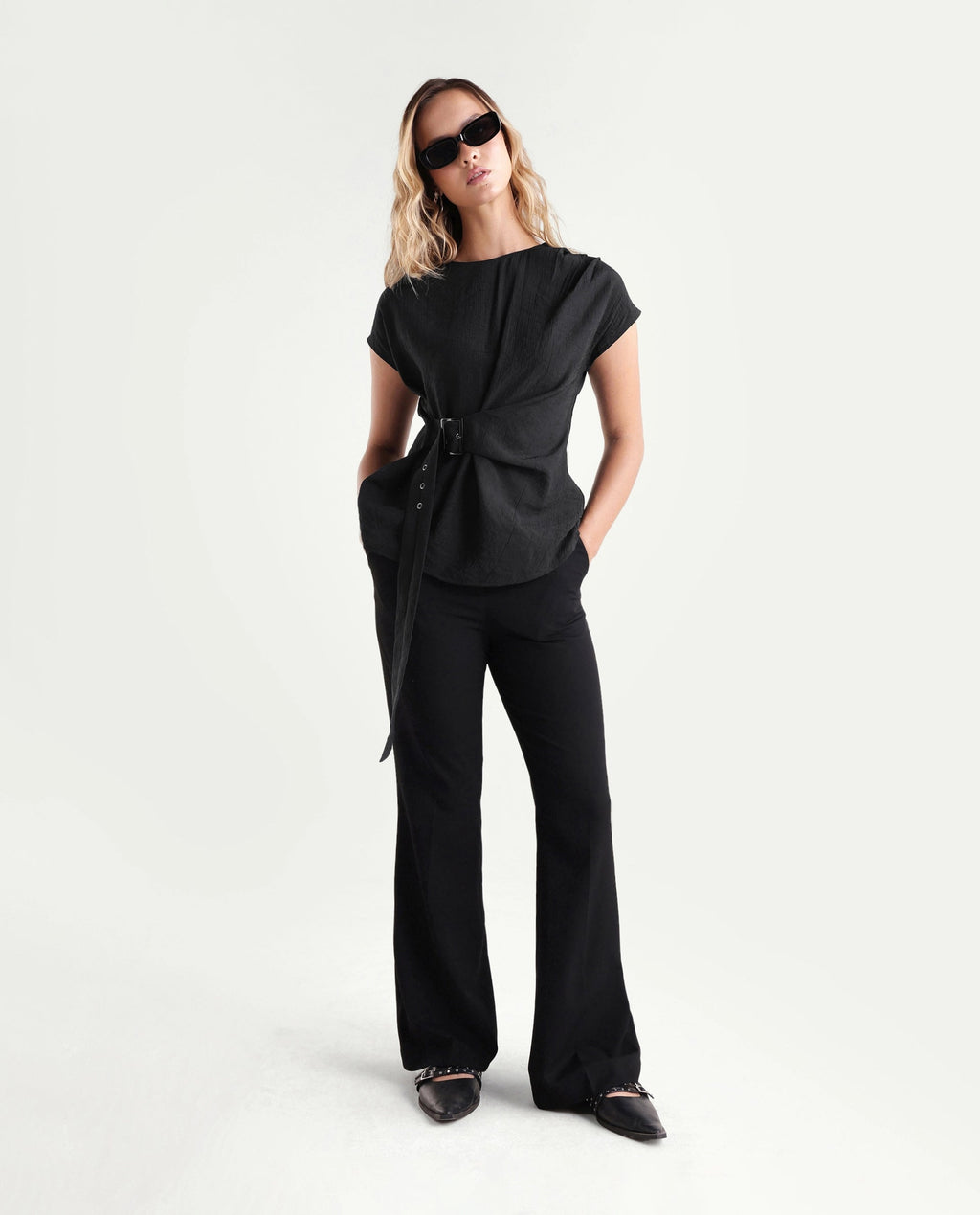 Rareism Women's Dusero Black Plain Viscose Blend Regular Short Sleeves Top