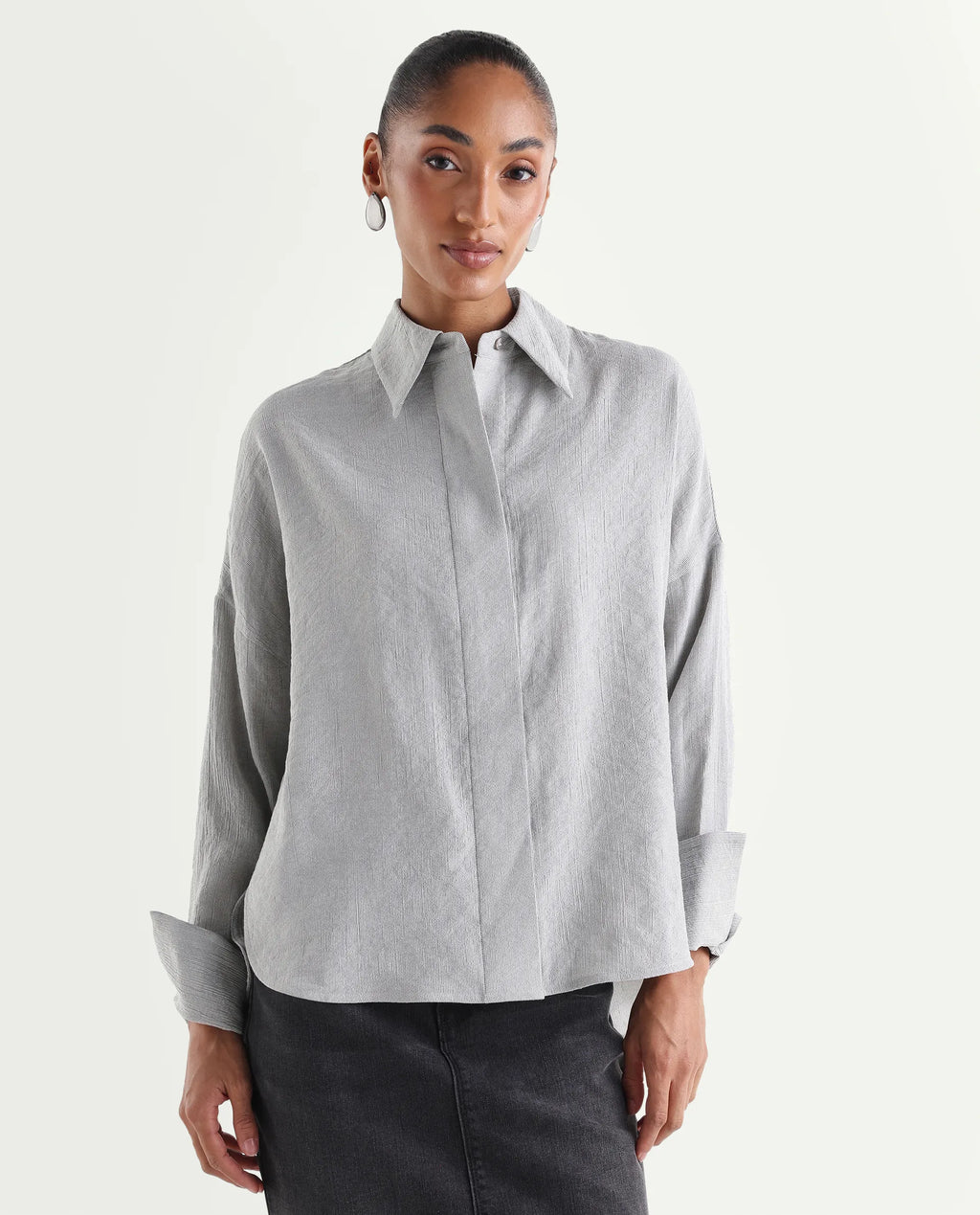 Rareism Women's Duxa Grey Viscose Blend Spread Collar Button Oversized Plain Shirt