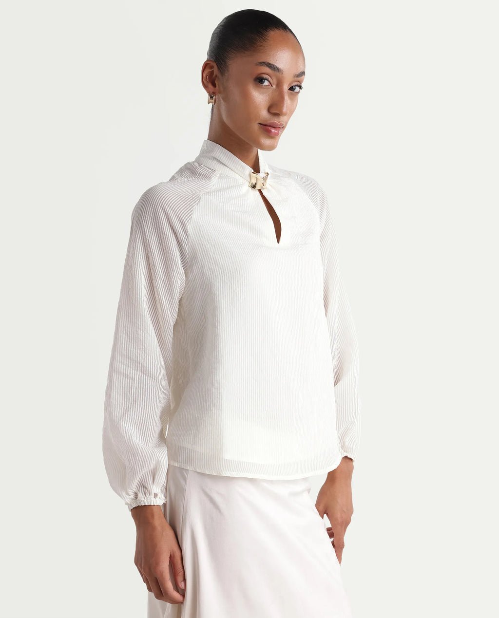 Rareism Women's Dyna Off White Viscose Blend Band Collar Button Regular Plain Top