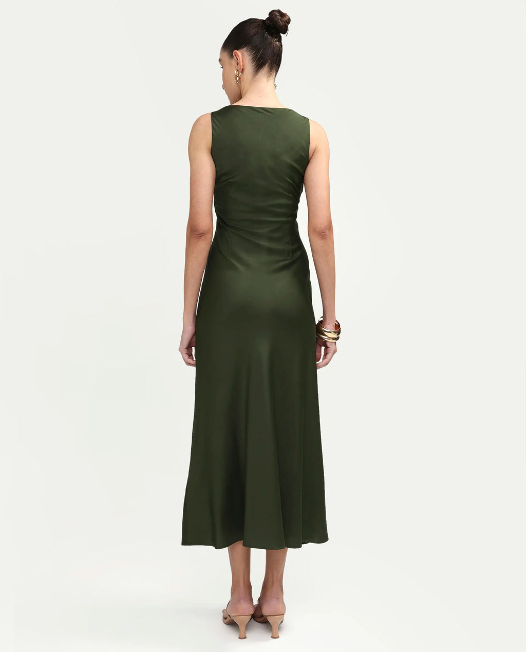 Rareism Women's Jenketss26 Olive Sleeveless Halter Neck Fit And Flare Plain Dress