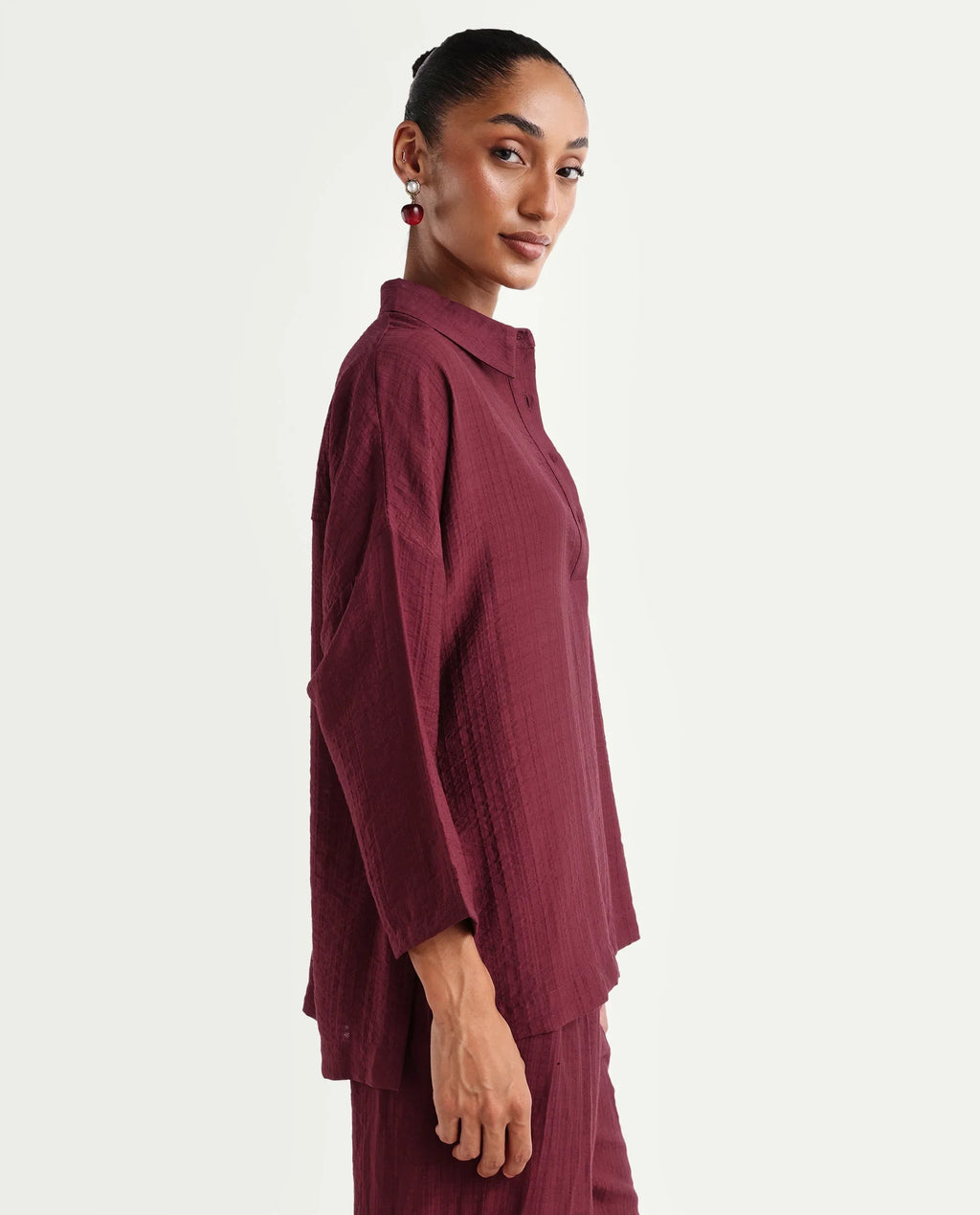 Rareism Women's Dano-T Maroon Viscose Blend Jonny Collar Pull-On Oversized Plain Top