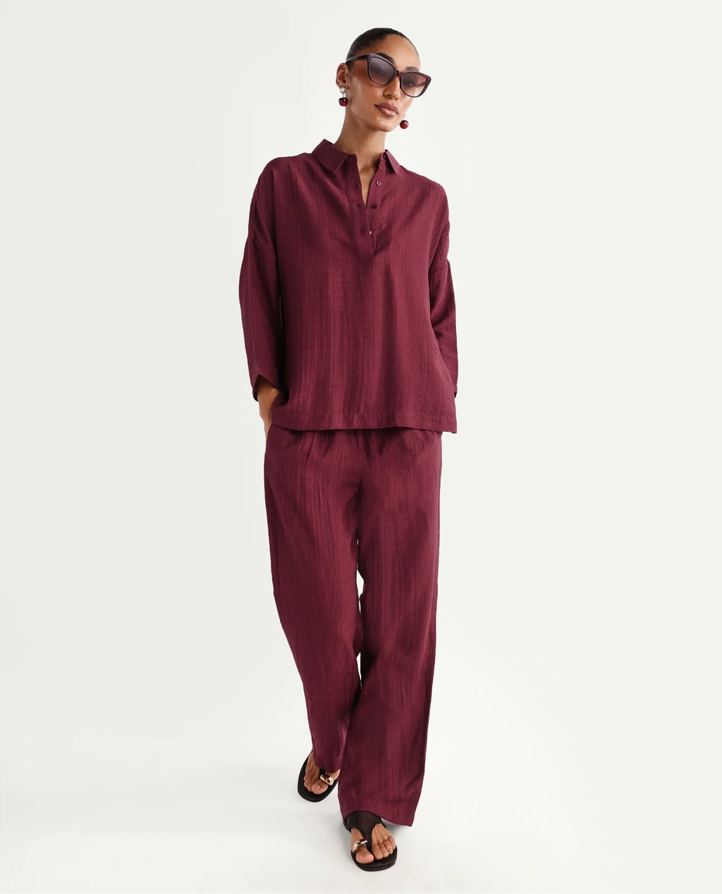 Rareism Women's Dano-T Maroon Viscose Blend Jonny Collar Pull-On Oversized Plain Top