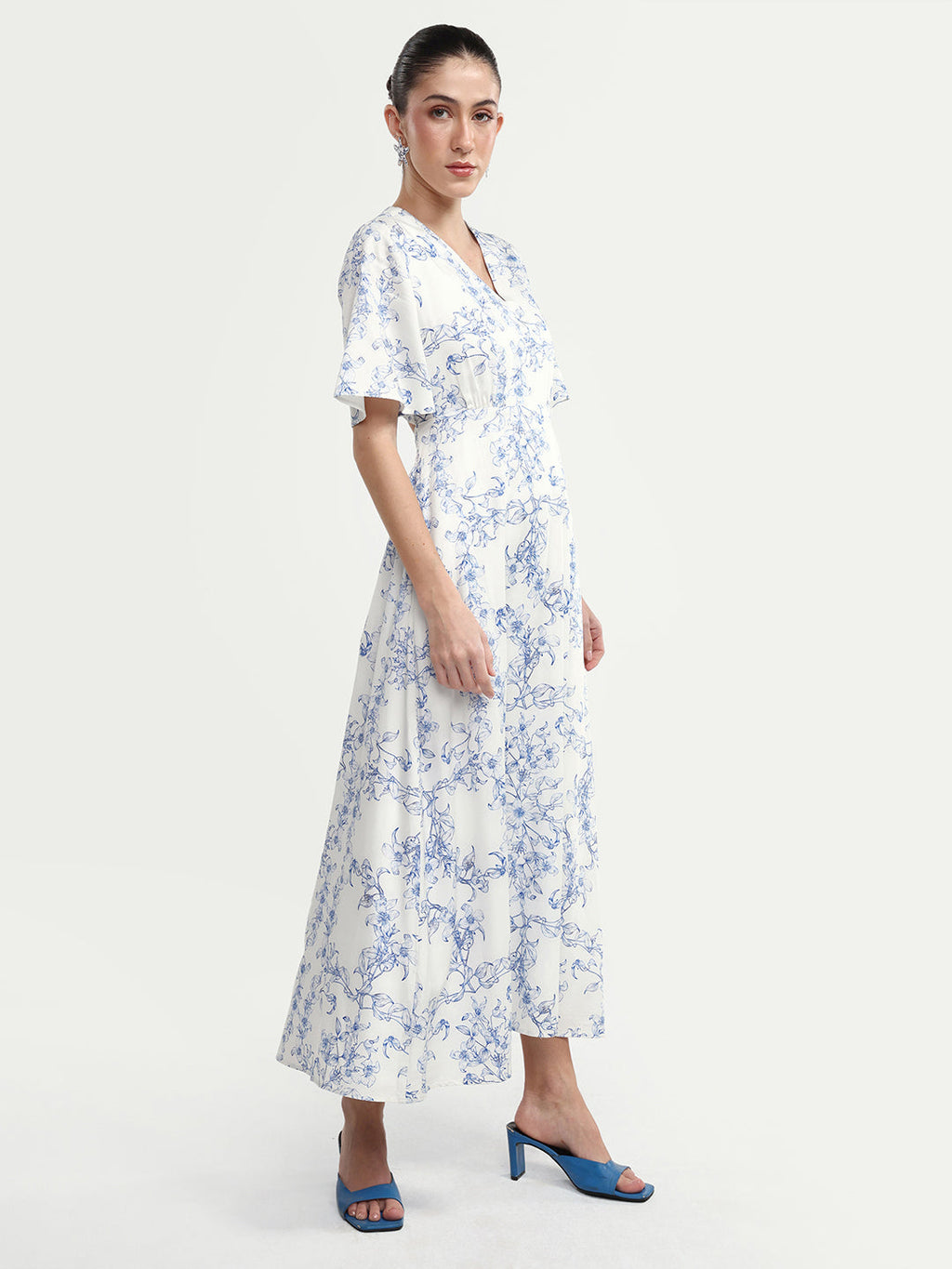 Rareism Women's Kamahe Off White Cotton Blend V-Neck Pull-On Fit And Flare Ornamental Print Dress