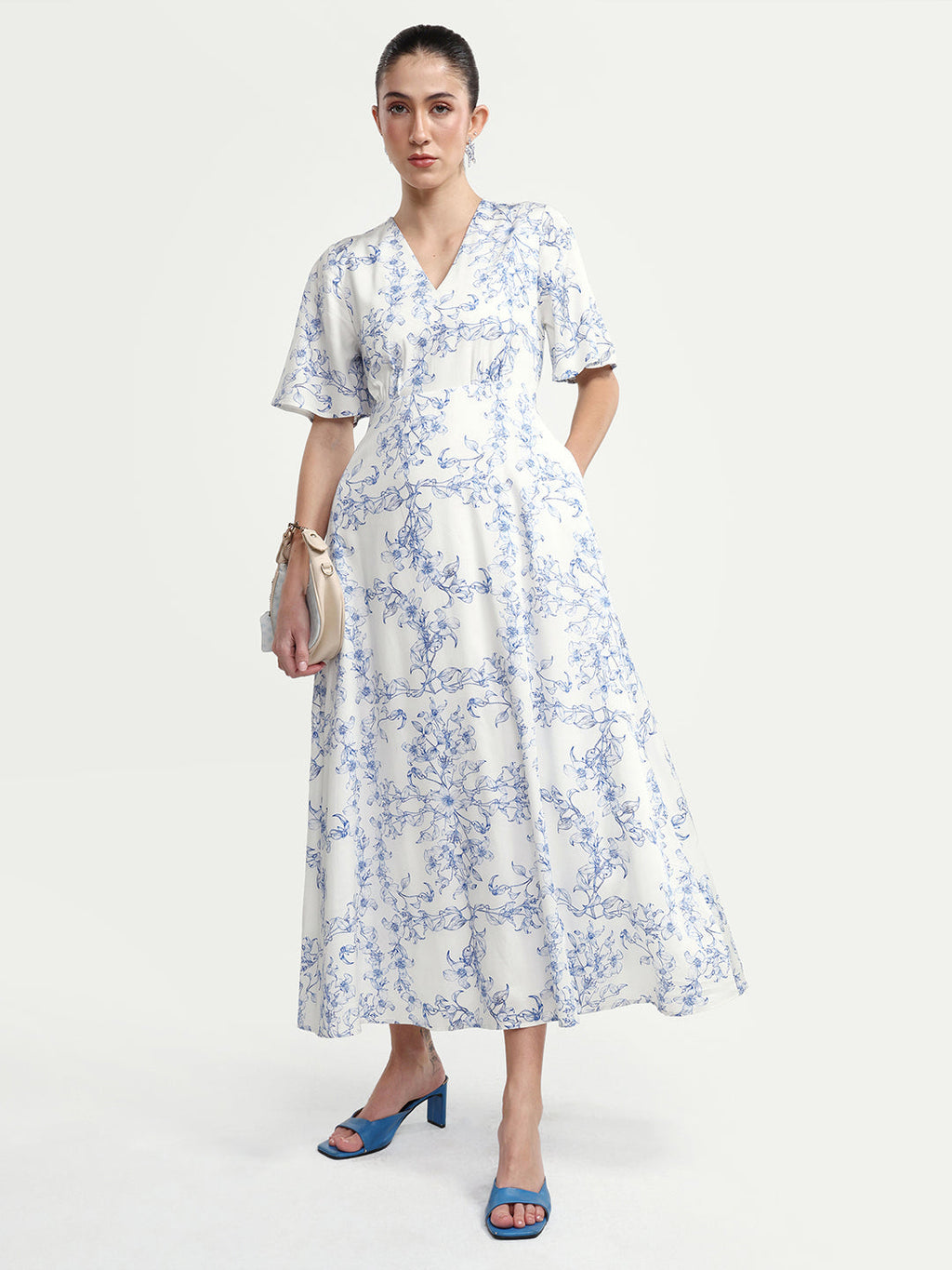 Rareism Women's Kamahe Off White Cotton Blend V-Neck Pull-On Fit And Flare Ornamental Print Dress