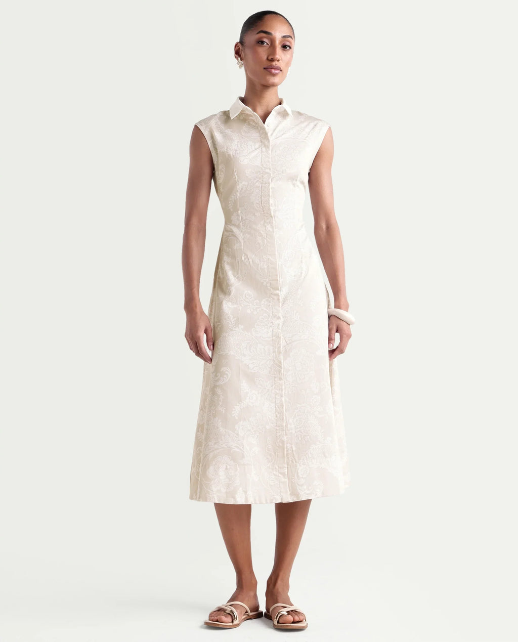 Rareism Women's Kasimo Beige Cotton Spread Collar Button Regular Ornamental Print Dress